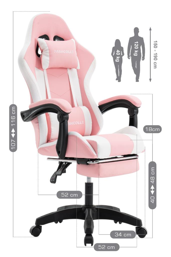 Pembe ve beyaz oyuncu koltuğu boyutlar ve ağırlık kılavuzları ile.