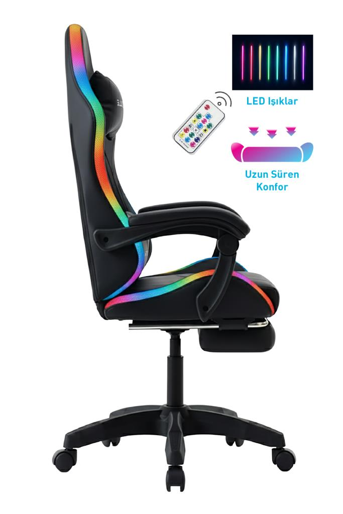 RGB aydınlatmalı, uzatılabilir ayaklıklı, kumandalı siyah oyuncu koltuğu.