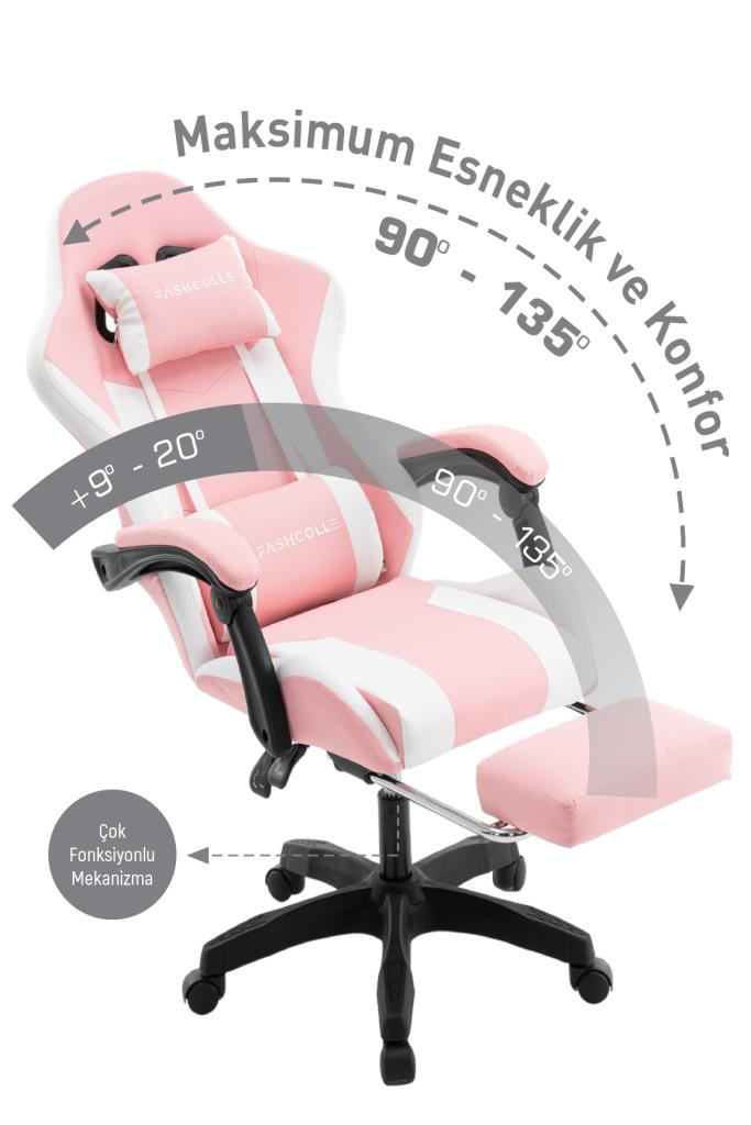 Ayarlanabilir sırt ve ayak desteğine sahip pembe oyuncu koltuğu.