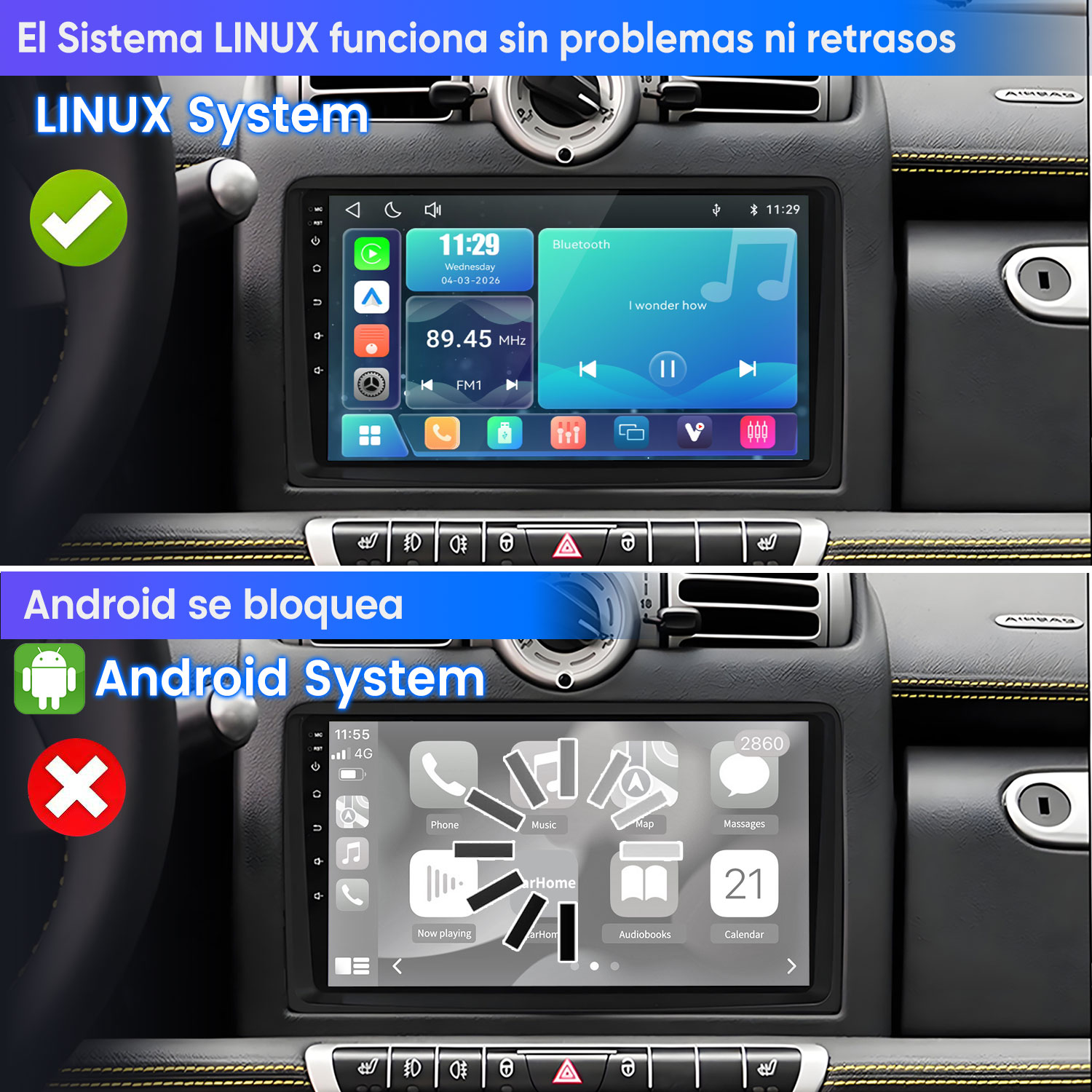 Dos sistemas de infoentretenimiento de coche: Linux (arriba, verde) y Android (abajo, rojo).