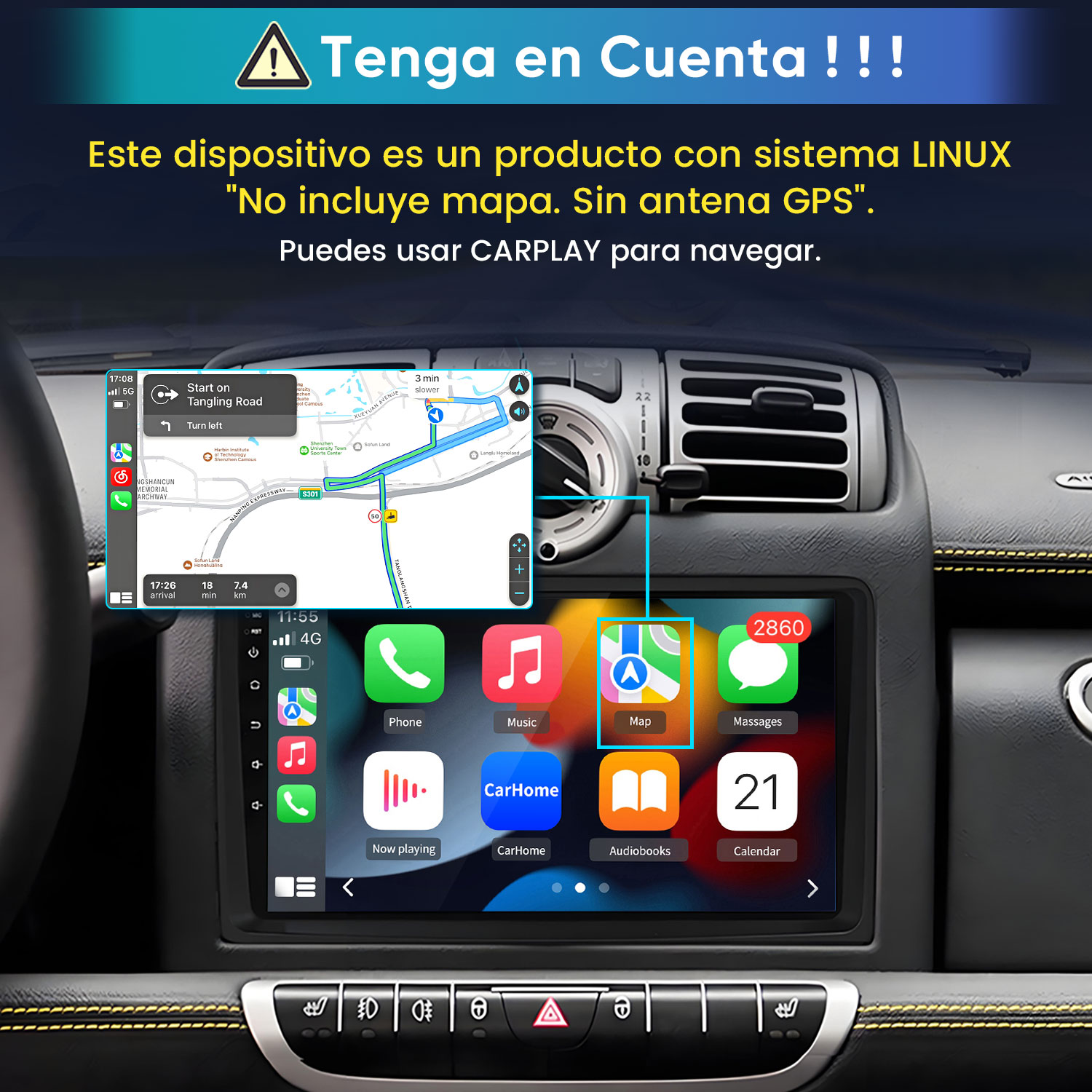 Pantalla de infoentretenimiento de coche con iconos de navegación y apps. Texto de advertencia.