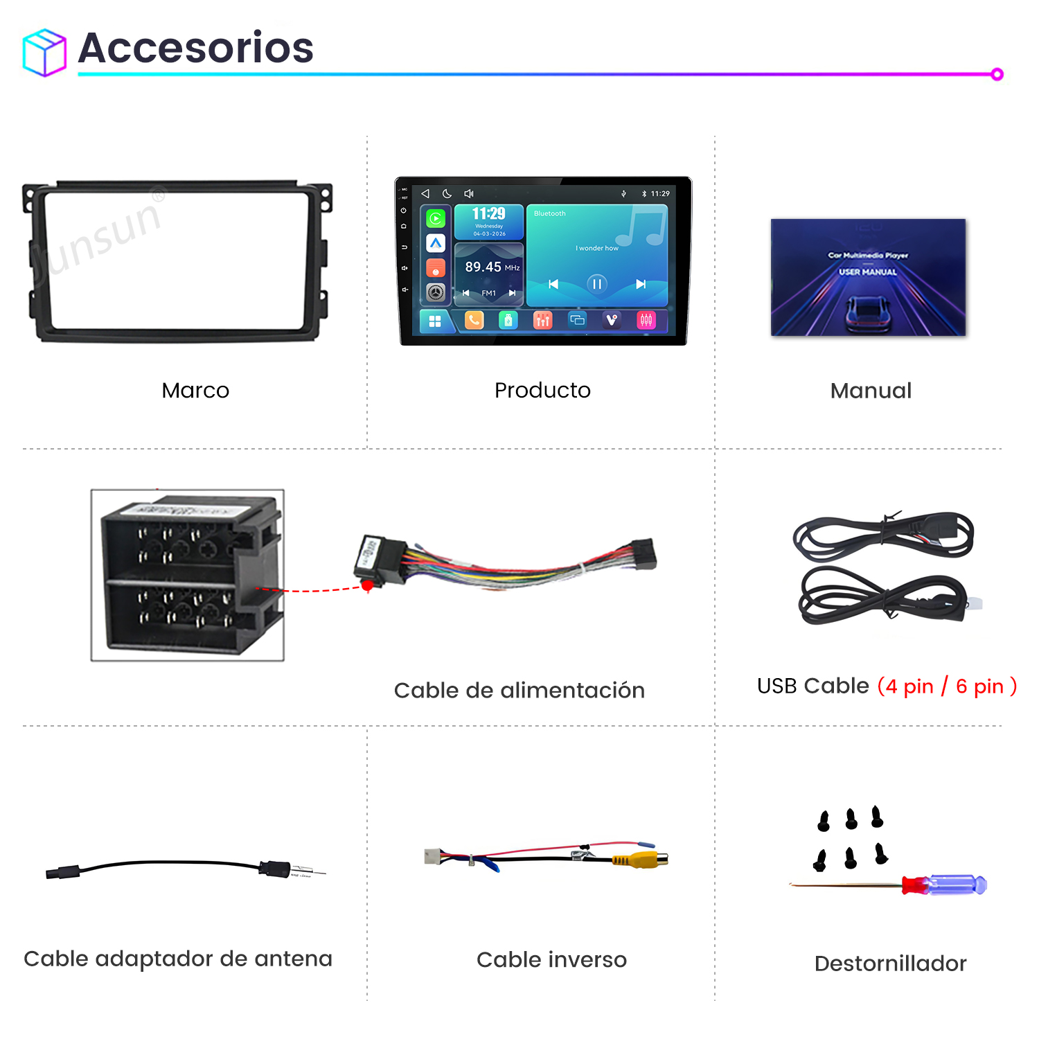 Accesorios: Marco, producto, manual, cable de alimentación, cable USB, adaptador de antena, cable inverso, destornillador.