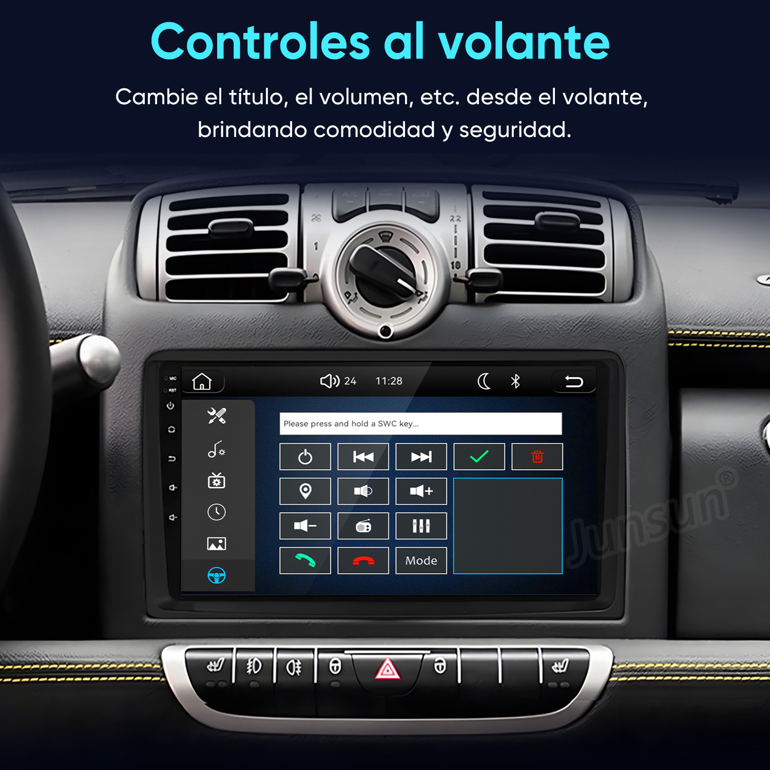 La pantalla de un estéreo de coche muestra botones de volumen, reproducción y llamadas.