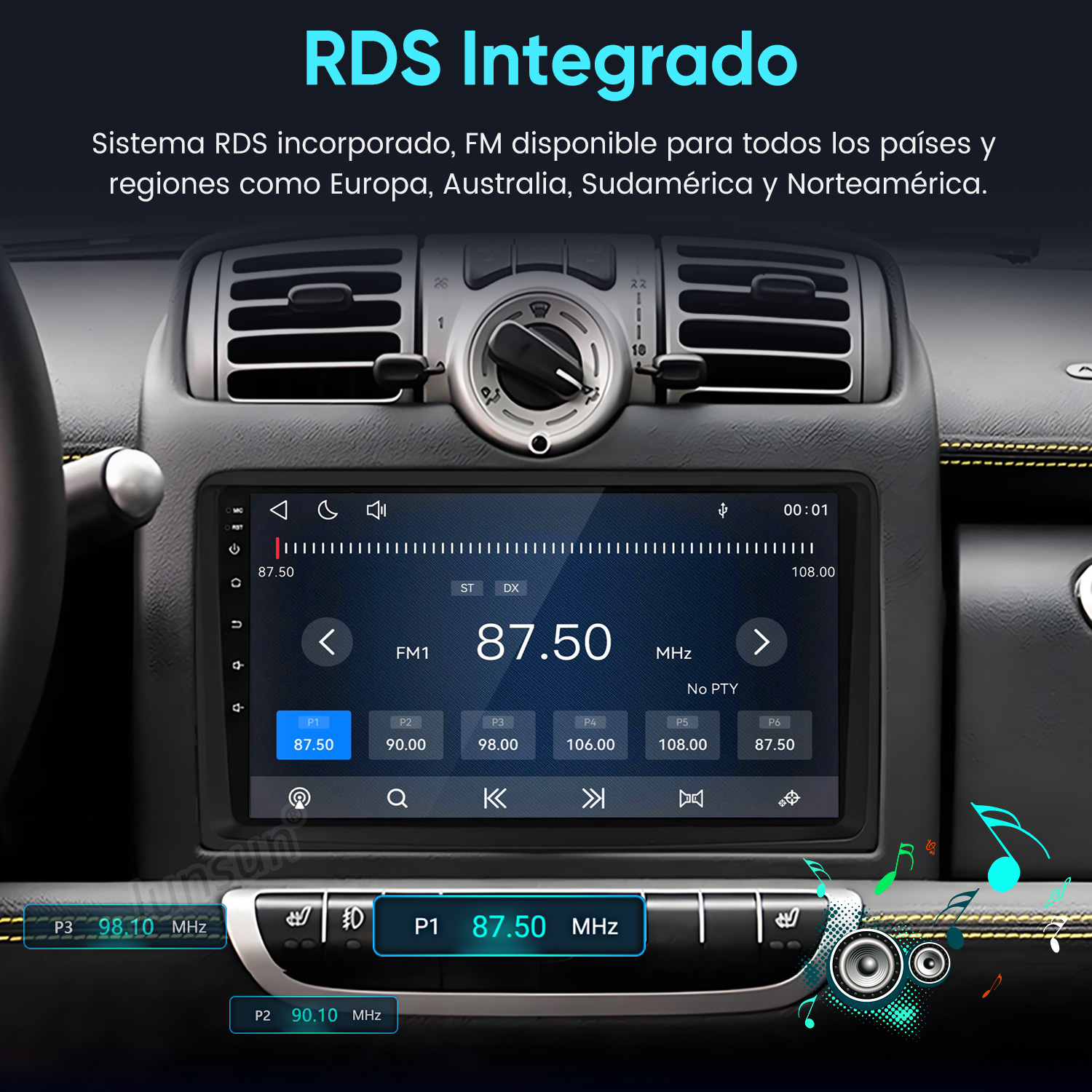 Un sistema de infoentretenimiento de coche muestra la emisora 87.50 MHz.