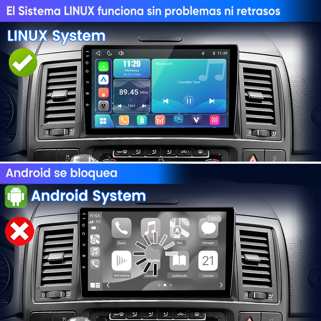 Dos radios de coche: Arriba LINUX, abajo Android. LINUX muestra música, Android apps.
