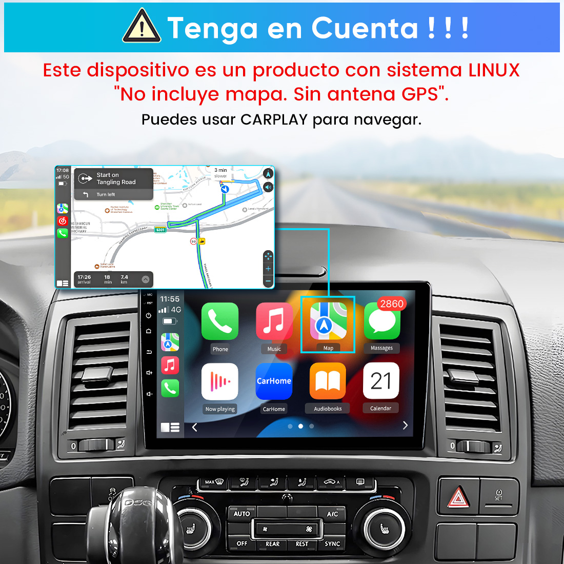 Sistema de infoentretenimiento del coche muestra mapa y apps. Aviso en español.