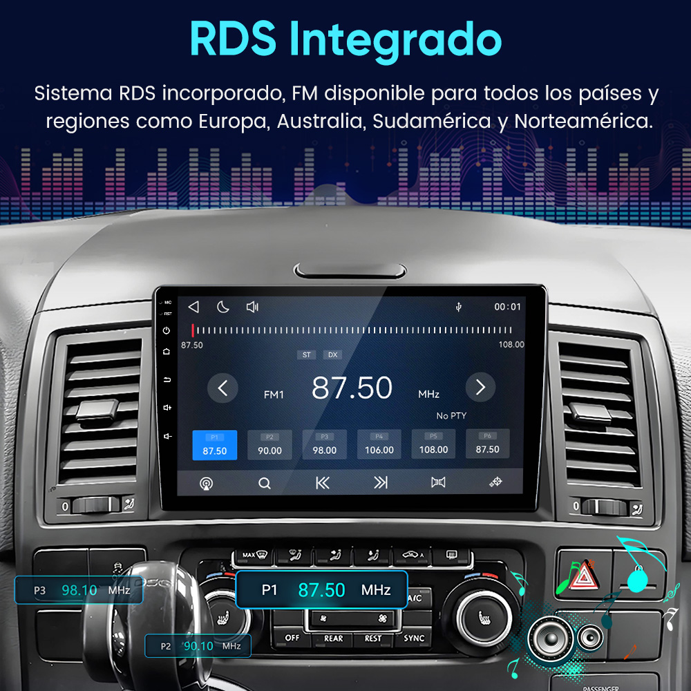 Se muestra un sistema de infoentretenimiento para automóvil con RDS y radio FM.