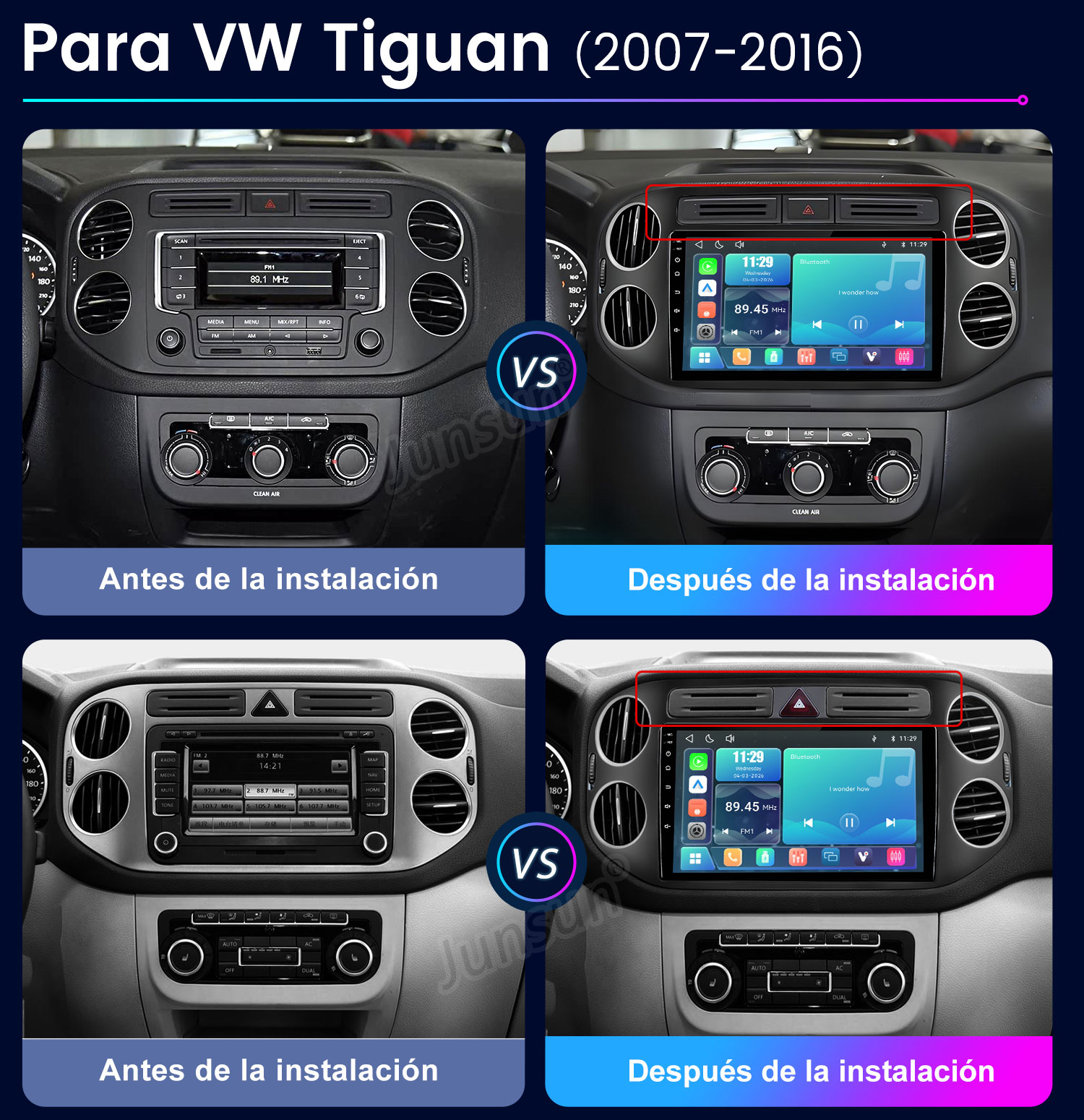 Comparación antes y después de la radio del coche VW Tiguan (2007-2016).