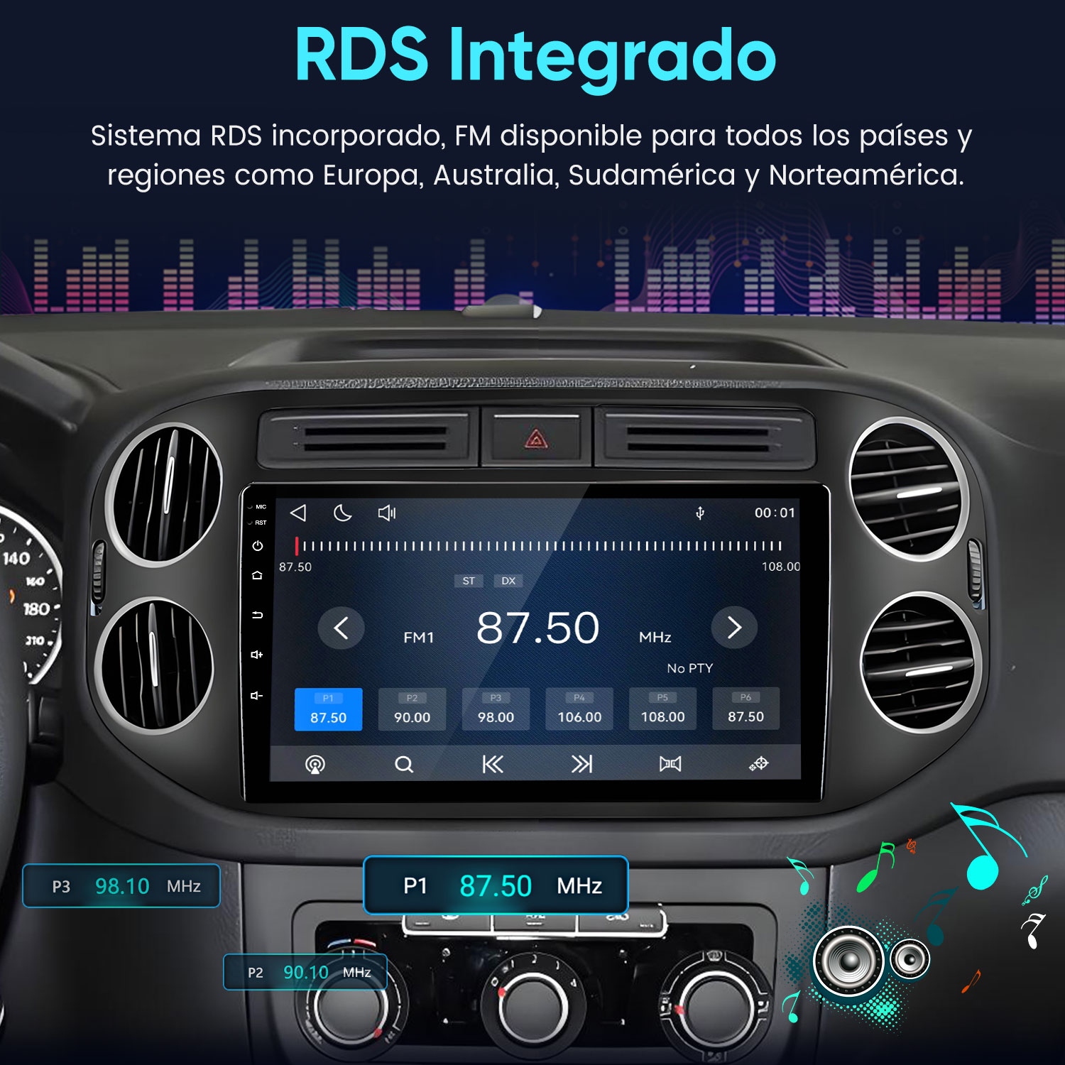 Salpicadero de coche mostrando frecuencias de radio FM.