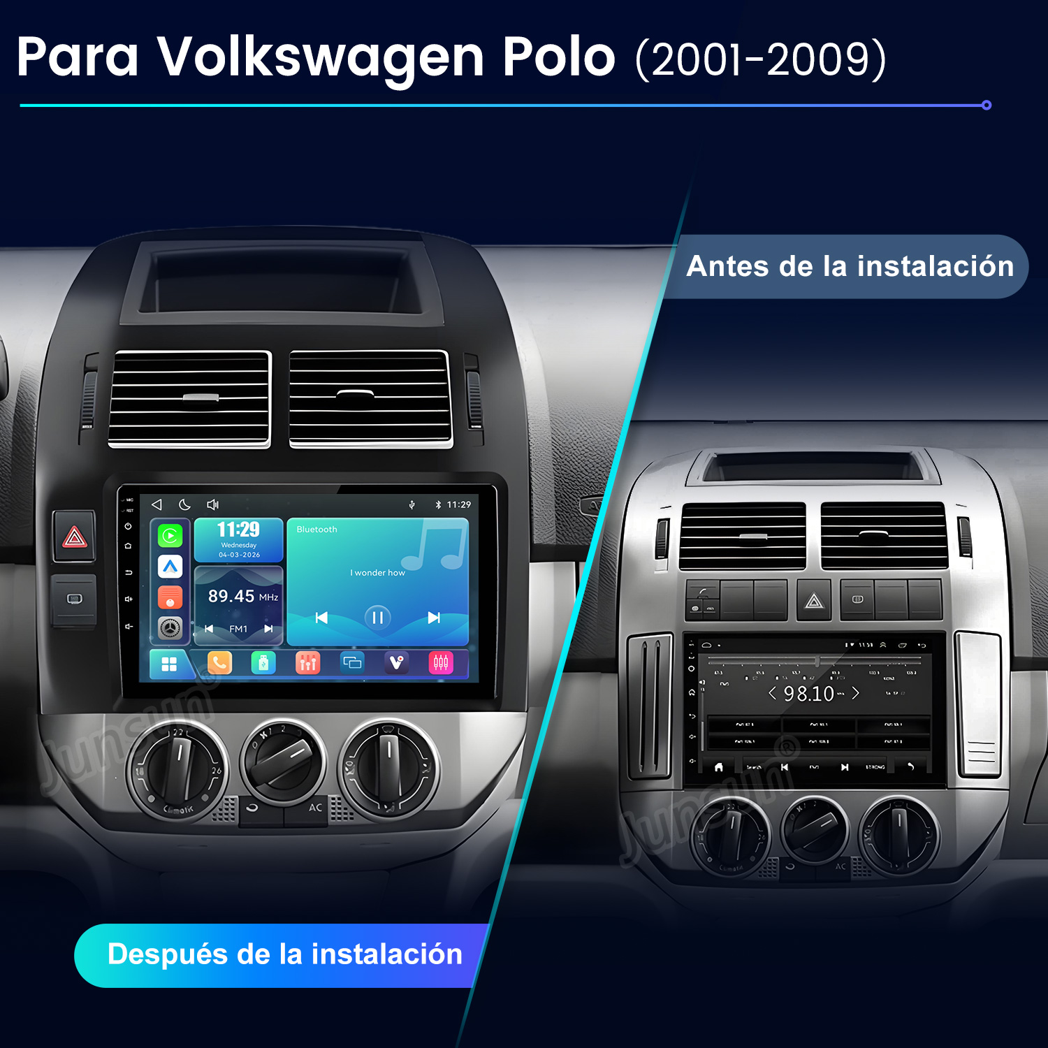 Comparación antes y después de una radio de coche en un VW Polo con actualización táctil.