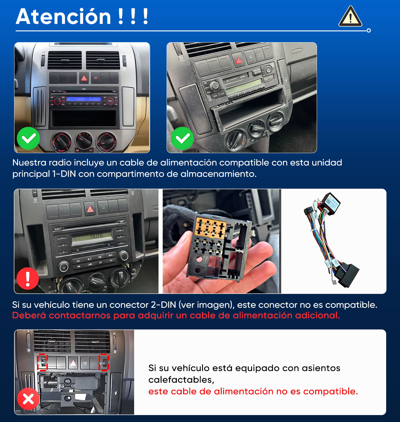 Unidad de radio de coche con arnés de cableado, salpicadero e iconos de advertencia.