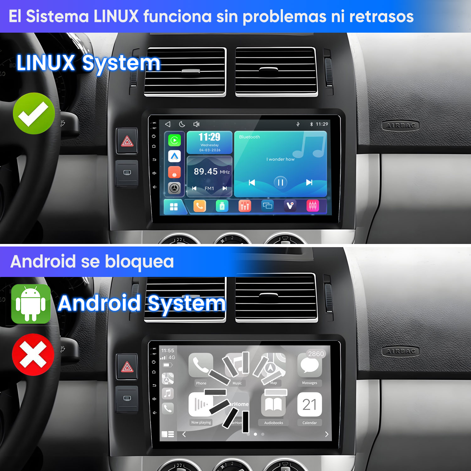 Pantallas de radio de coche: LINUX arriba, Android abajo. Marca verde/cruz roja.