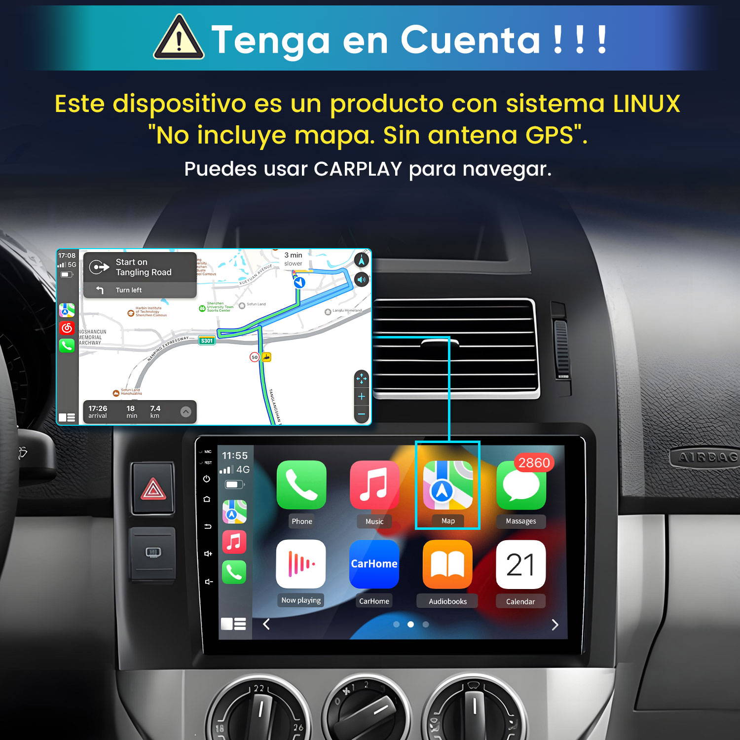 Tablero de coche con pantalla táctil mostrando app de navegación e iconos. Advertencia en español.