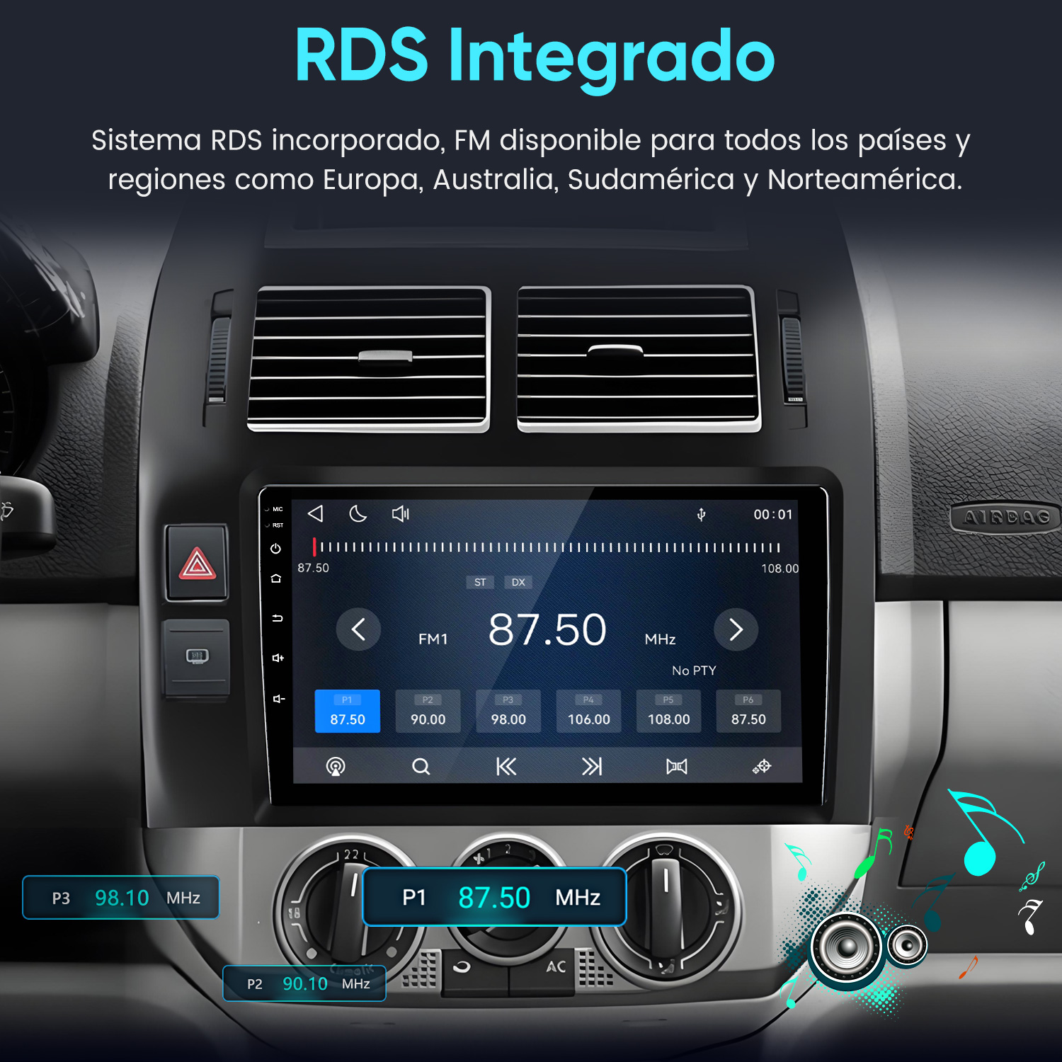 La pantalla de una radio de coche muestra FM1 87.50 MHz con emisoras.