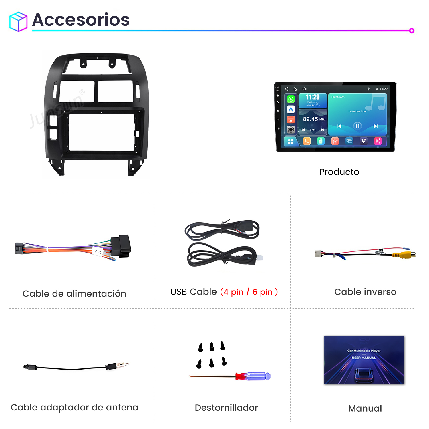 Accesorios para radio de coche: marco, pantalla, cables, tornillos y manual.