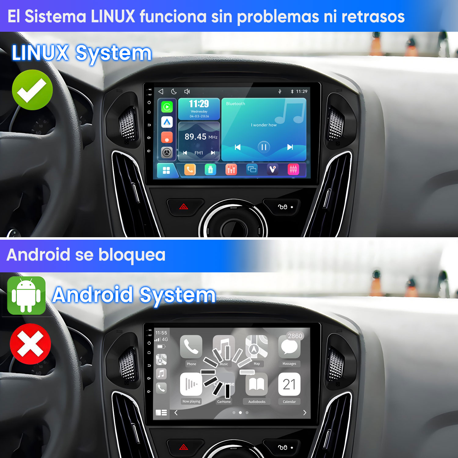 Comparación de dos sistemas de radio de coche: Linux funciona bien, Android falla.
