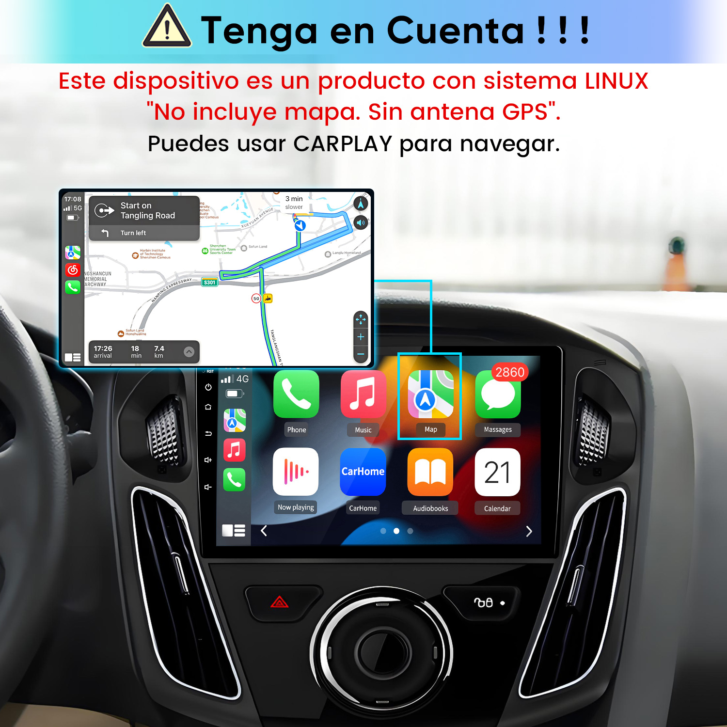 Sistema de infoentretenimiento de coche con navegación e iconos de apps: Teléfono, Música, Mapa y Mensajes.