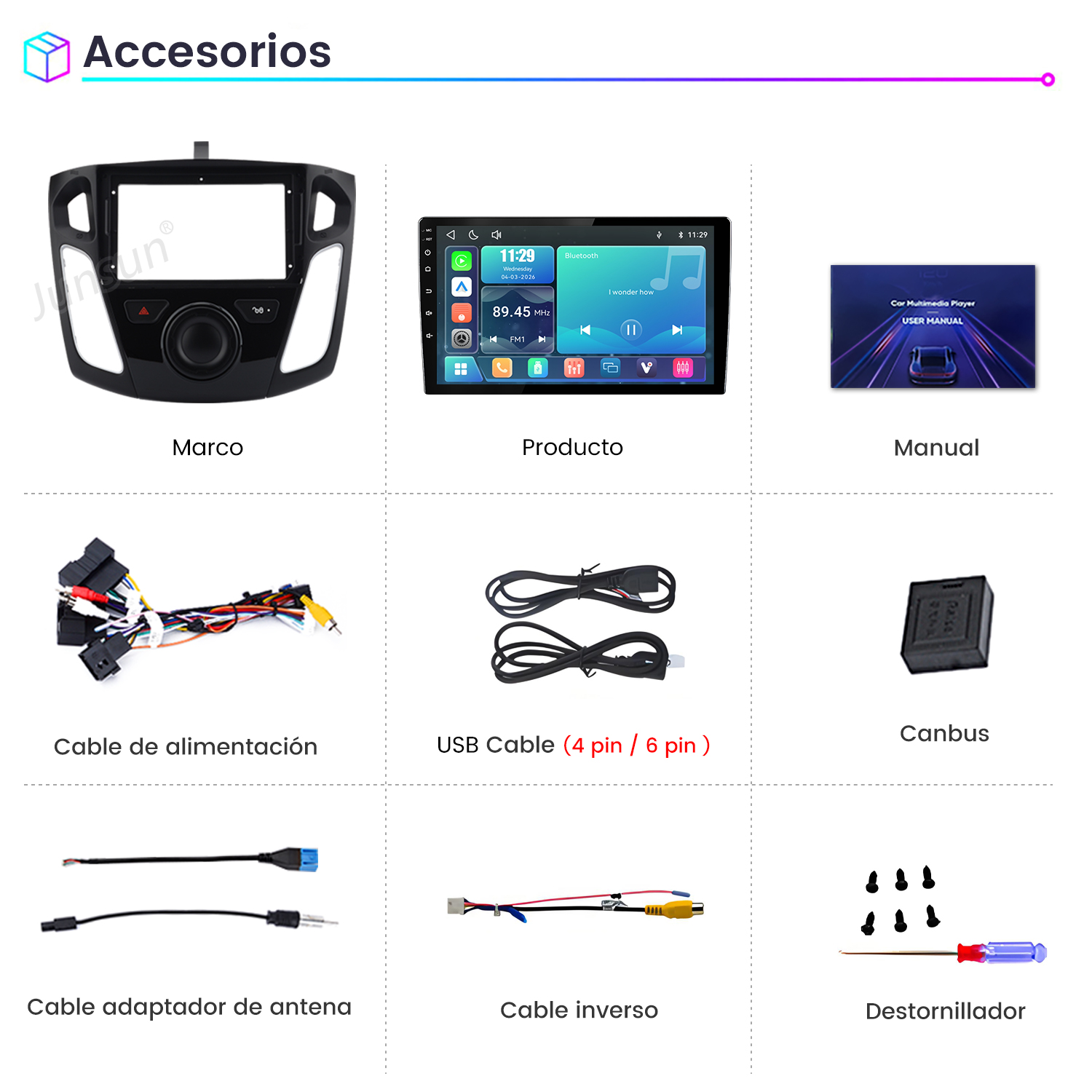 Accesorios: marco, autorradio, manual, cable alimentación, cable USB, Canbus, adaptador antena, cable inverso.