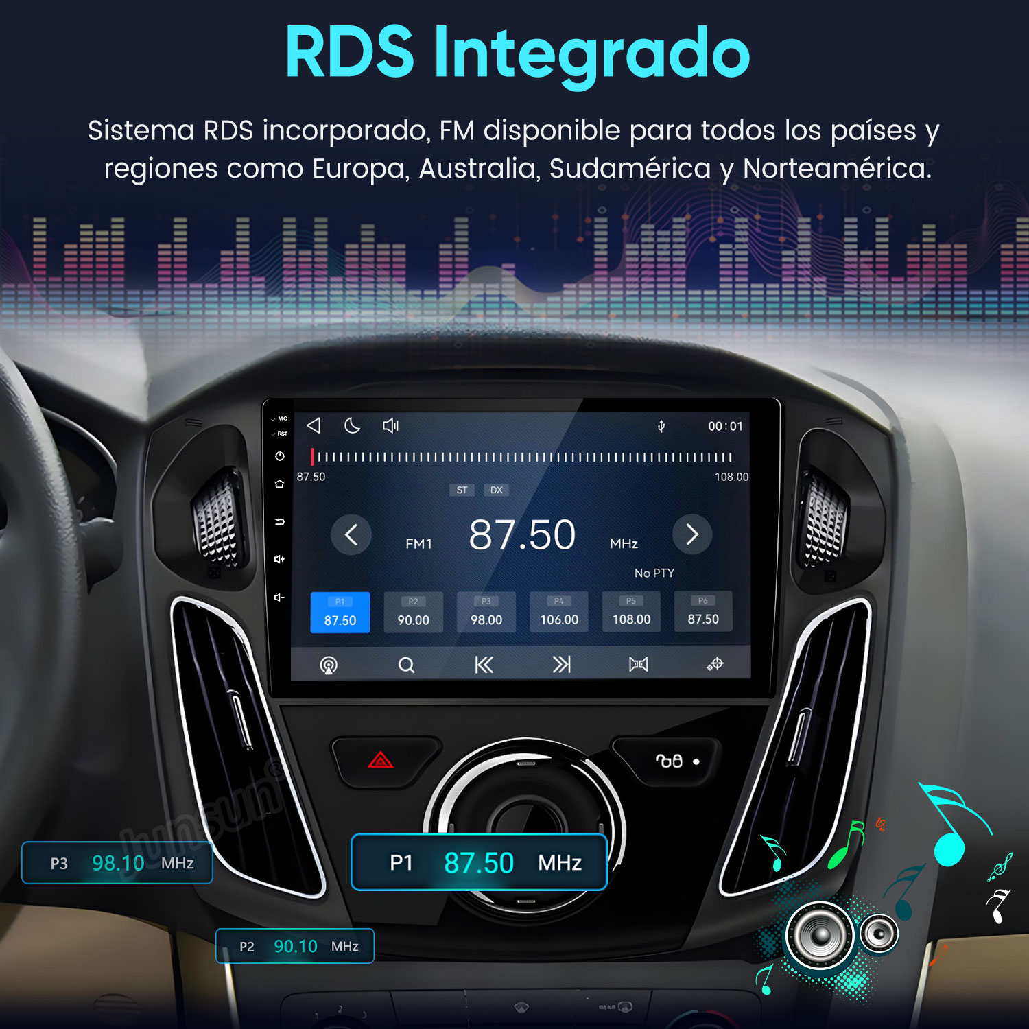 Salpicadero de coche con radio táctil mostrando frecuencias FM.