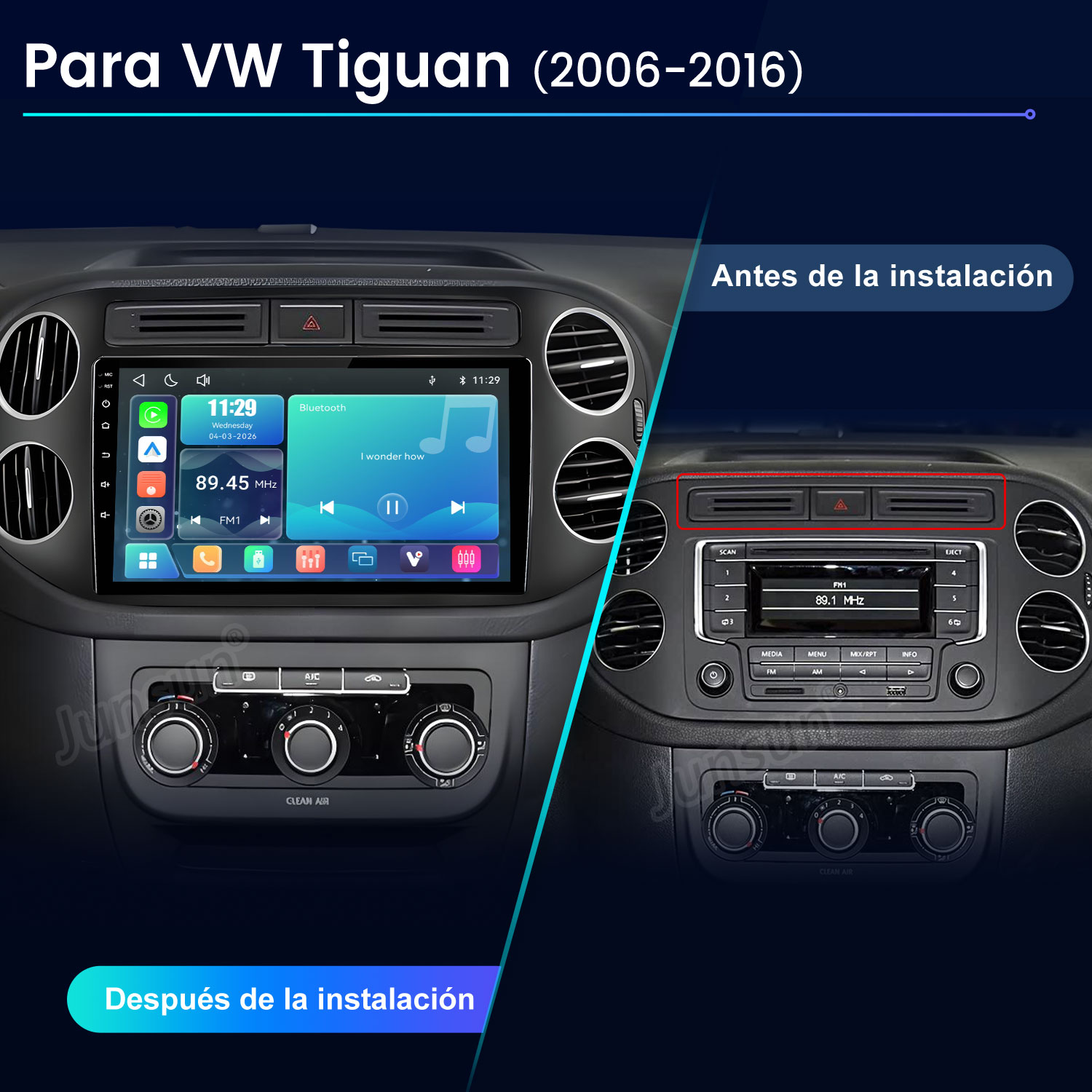 Comparación de una radio de coche VW Tiguan antes y después de la instalación.