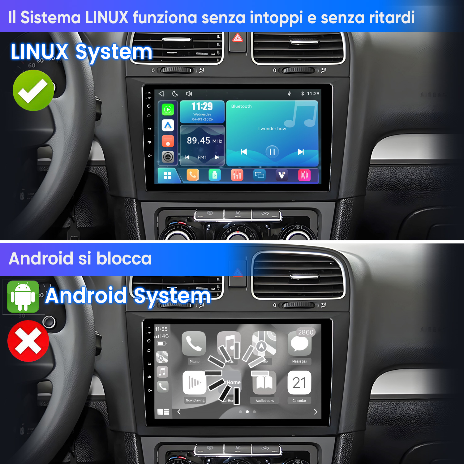 Comparación de dos sistemas de coche: LINUX fluido, Android se bloquea. Con iconos.