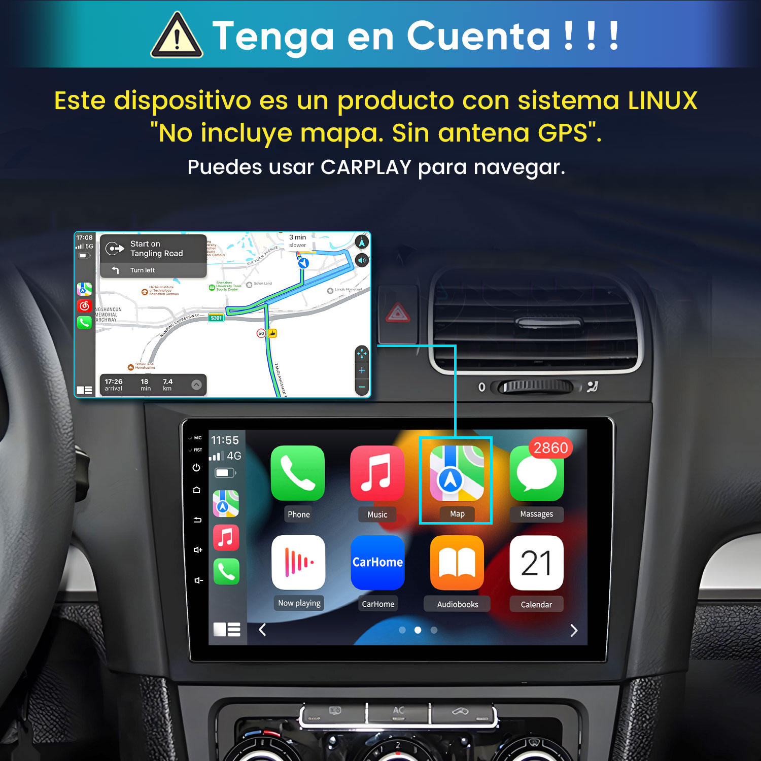 Salpicadero de coche con pantalla de navegación. Muestra mapa e iconos.