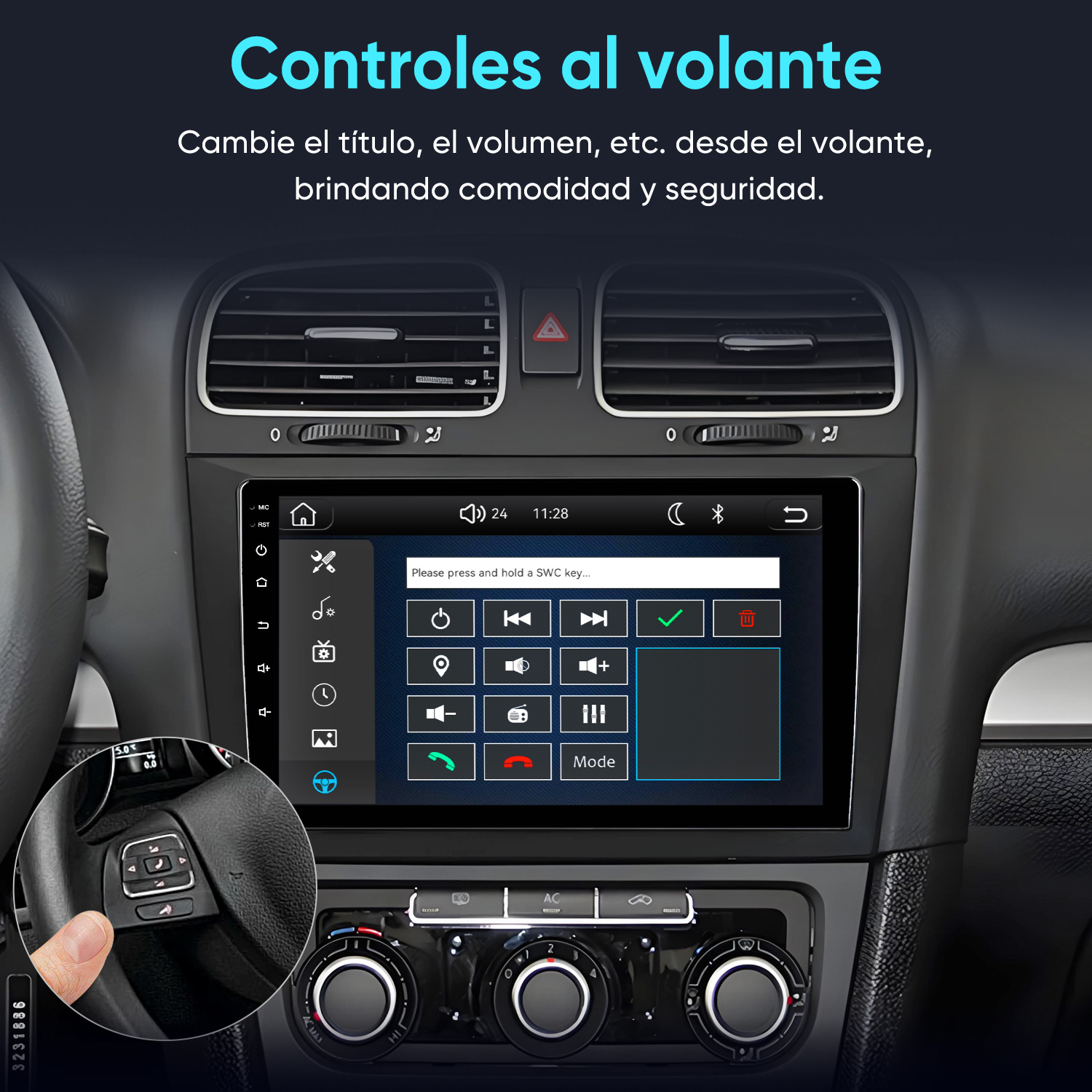 Un dedo pulsa un botón del volante de un coche. Una pantalla táctil muestra controles.