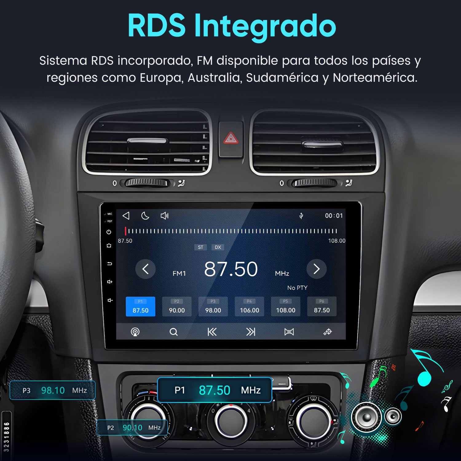 Interior de coche con pantalla de radio RDS mostrando 87.50 MHz.