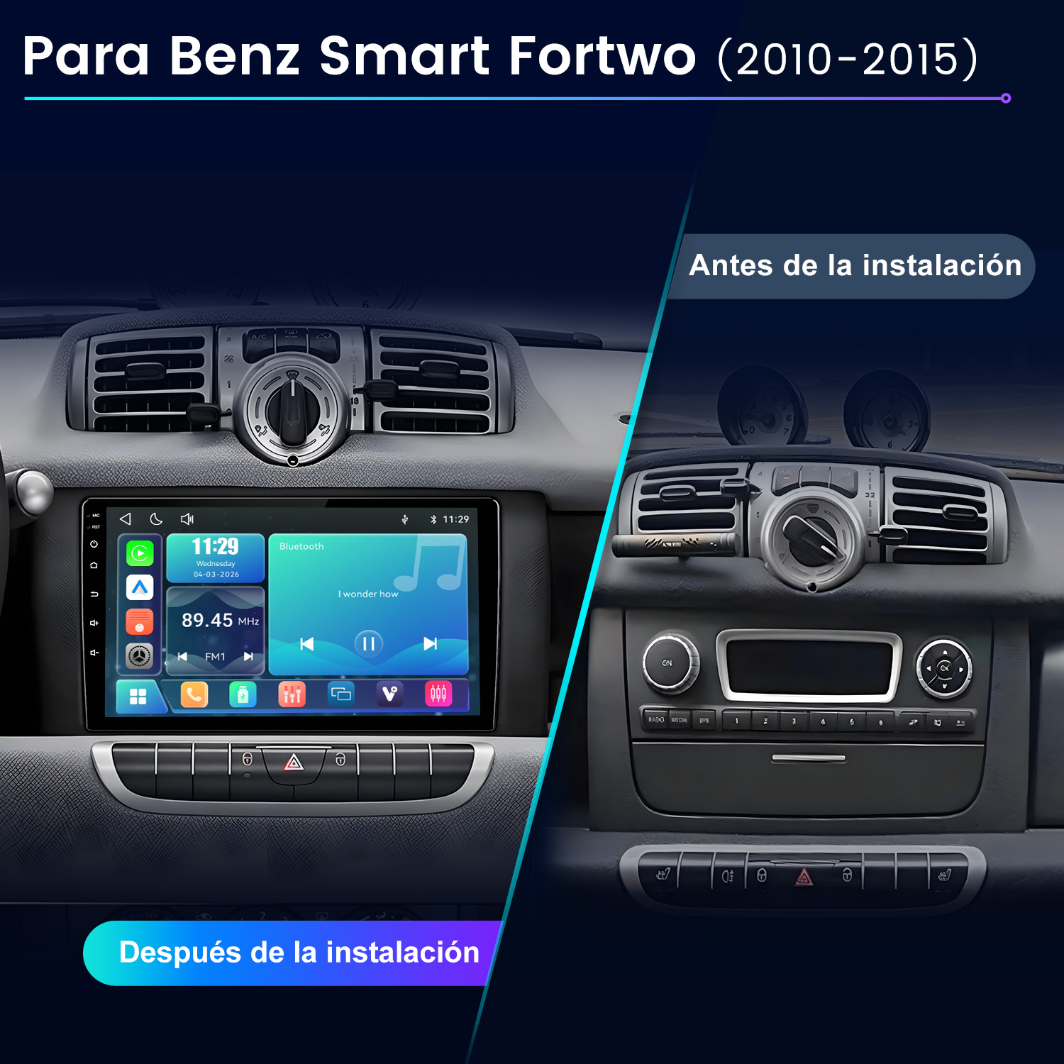 Comparación antes/después: Salpicadero Smart Fortwo con nuevo sistema multimedia.