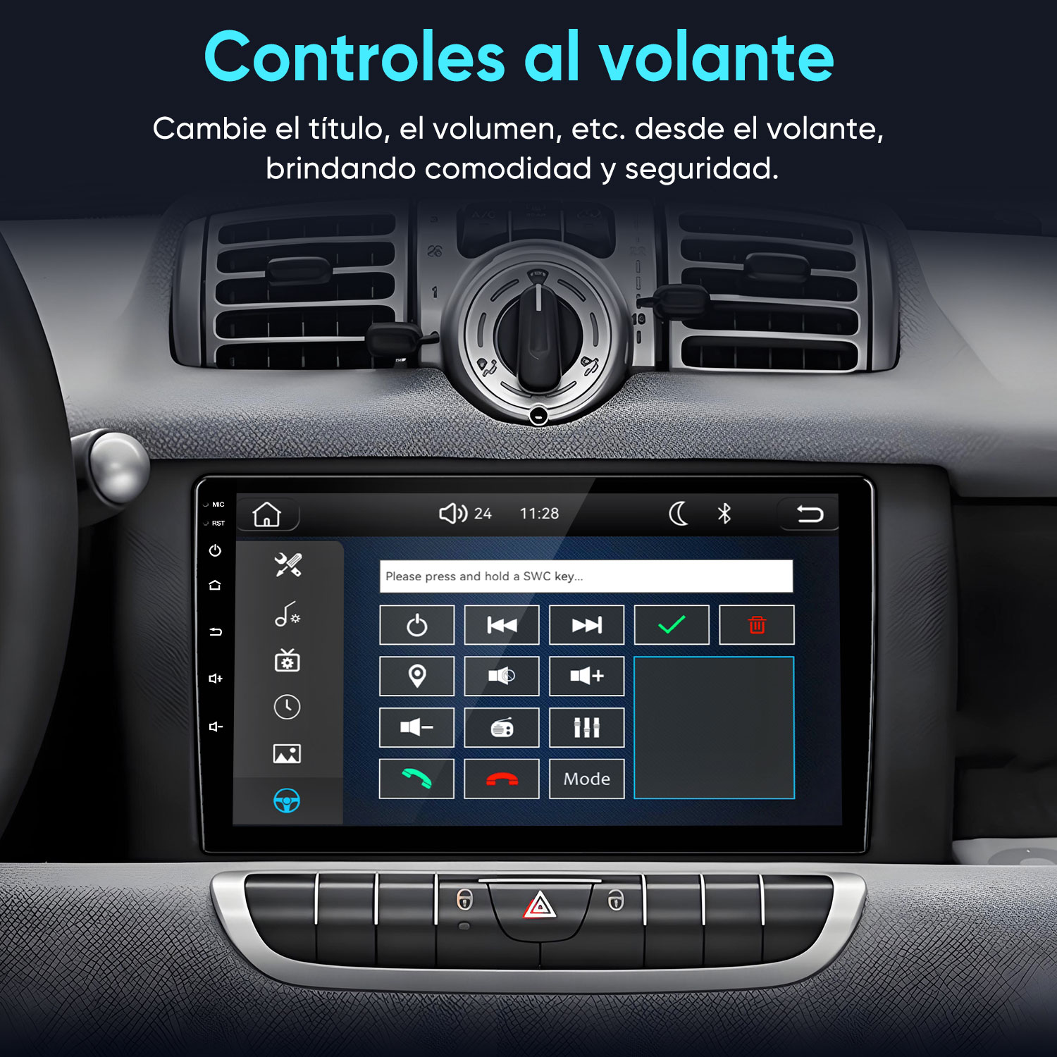 Interior de coche con radio táctil que muestra controles del volante.