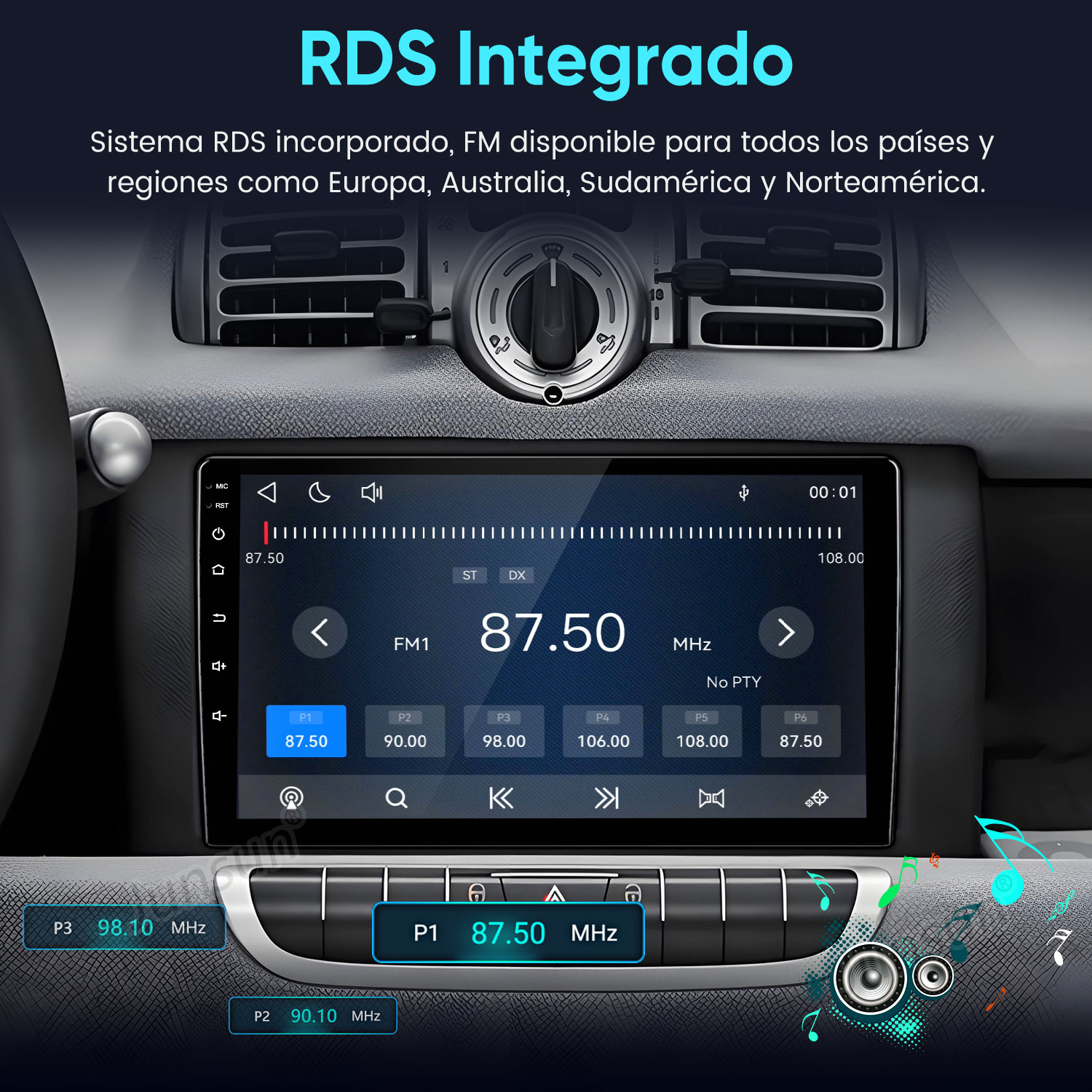 Sistema de infoentretenimiento para coche mostrando frecuencias de radio RDS.