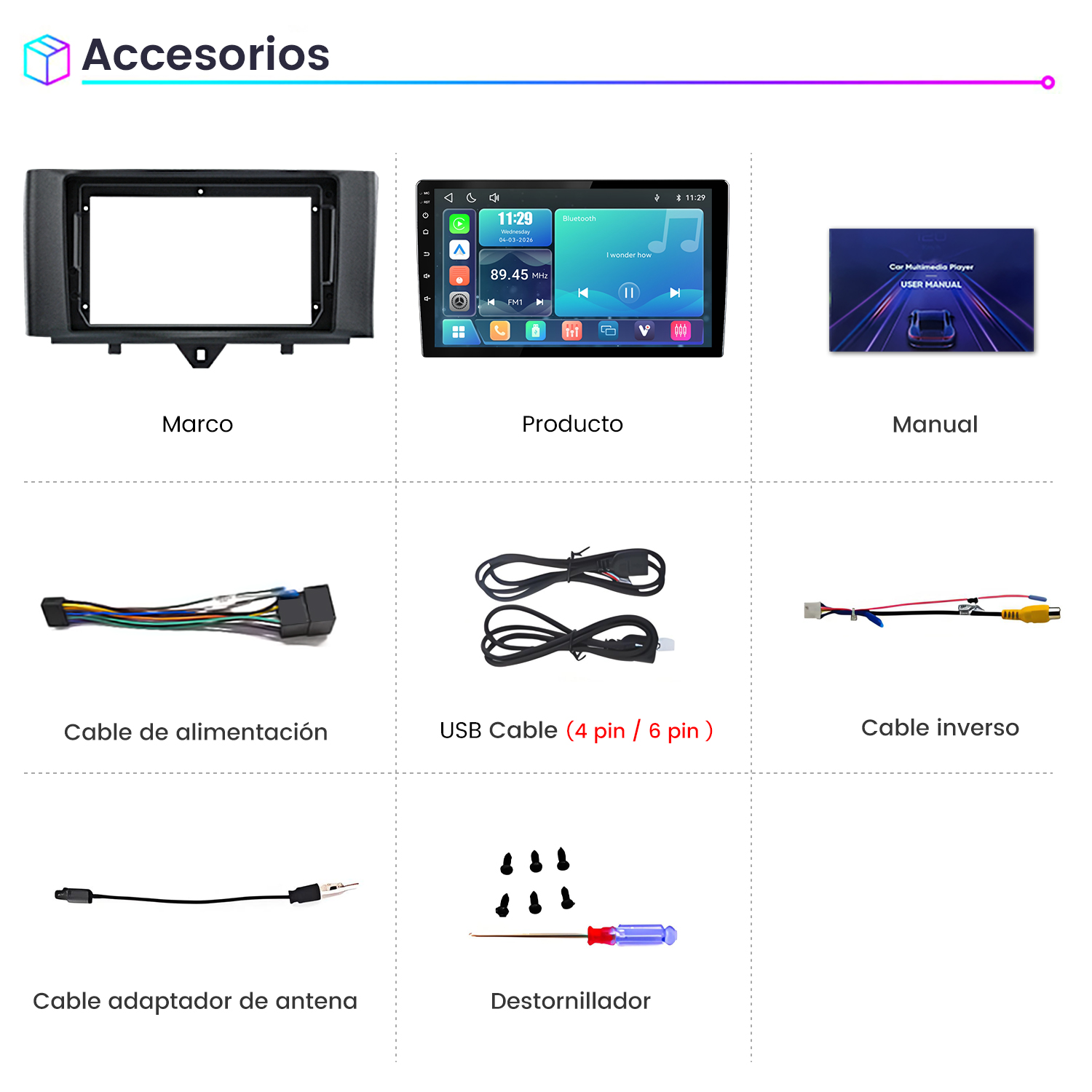 Accesorios coche: marco, pantalla, manual, cables, USB, tornillos, destornillador.