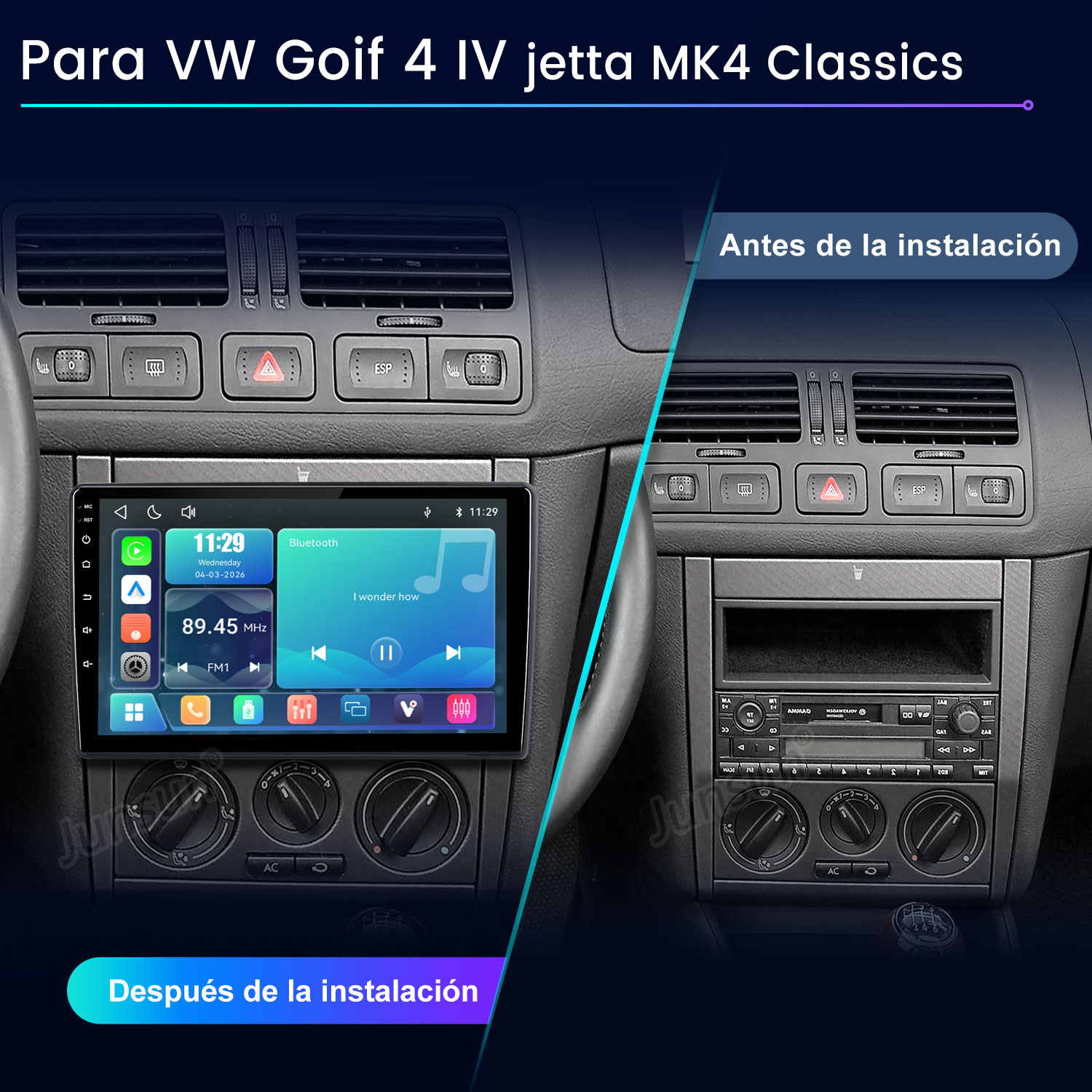 Comparación antes y después de un sistema de infoentretenimiento para VW Golf 4.