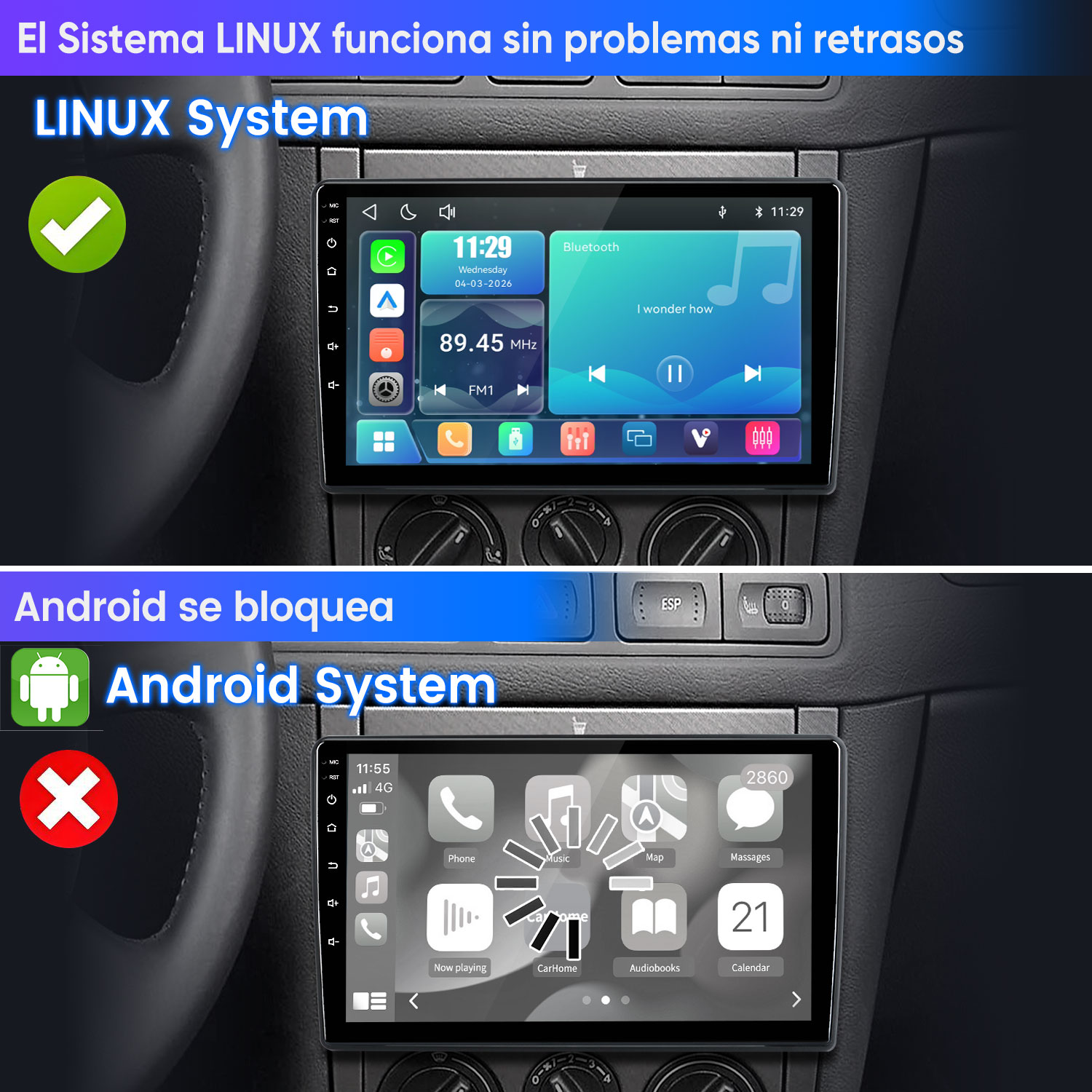 Dos sistemas de infoentretenimiento para coche: Linux funciona, Android bloqueado.