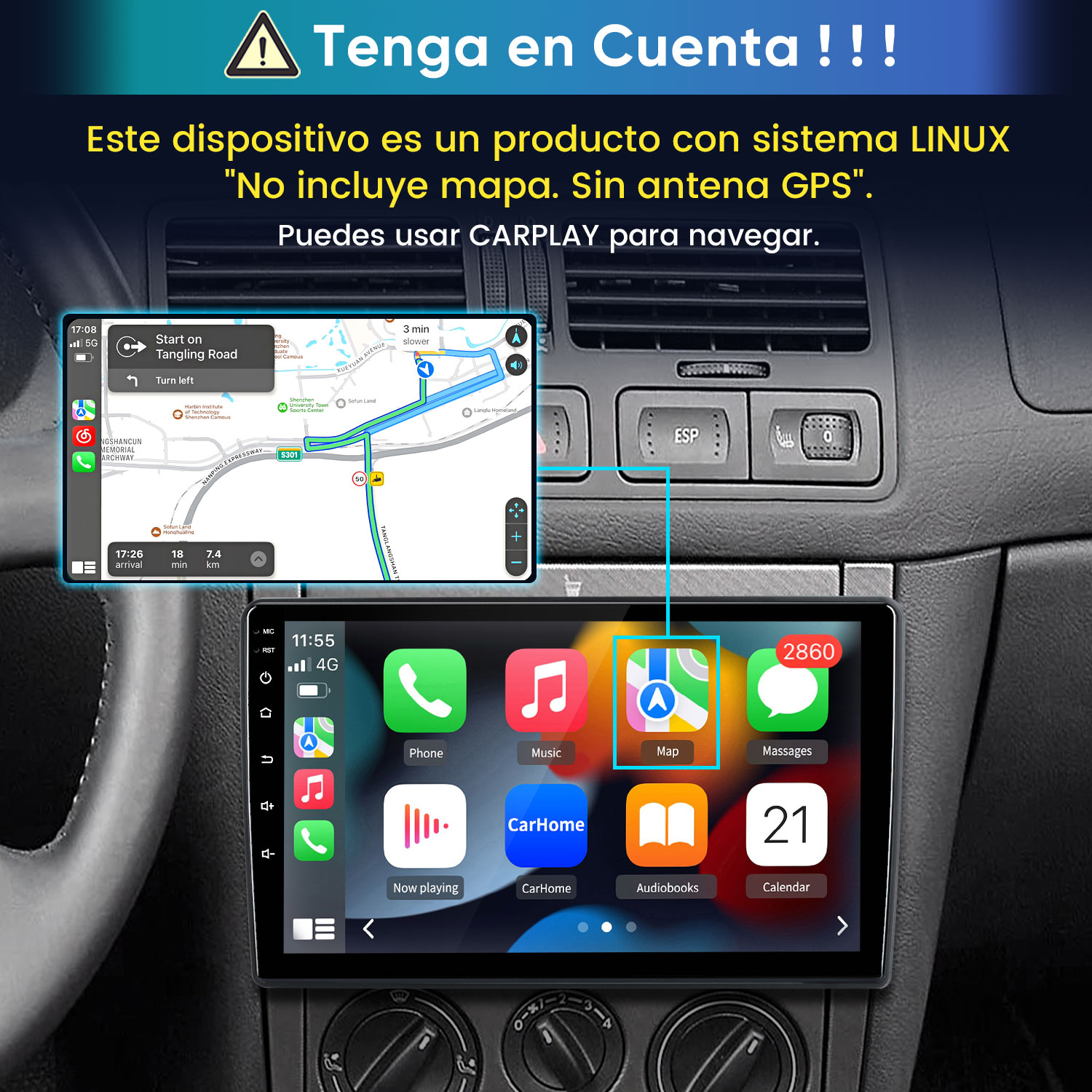 Sistema de infoentretenimiento del coche mostrando mapa de navegación e iconos de apps.