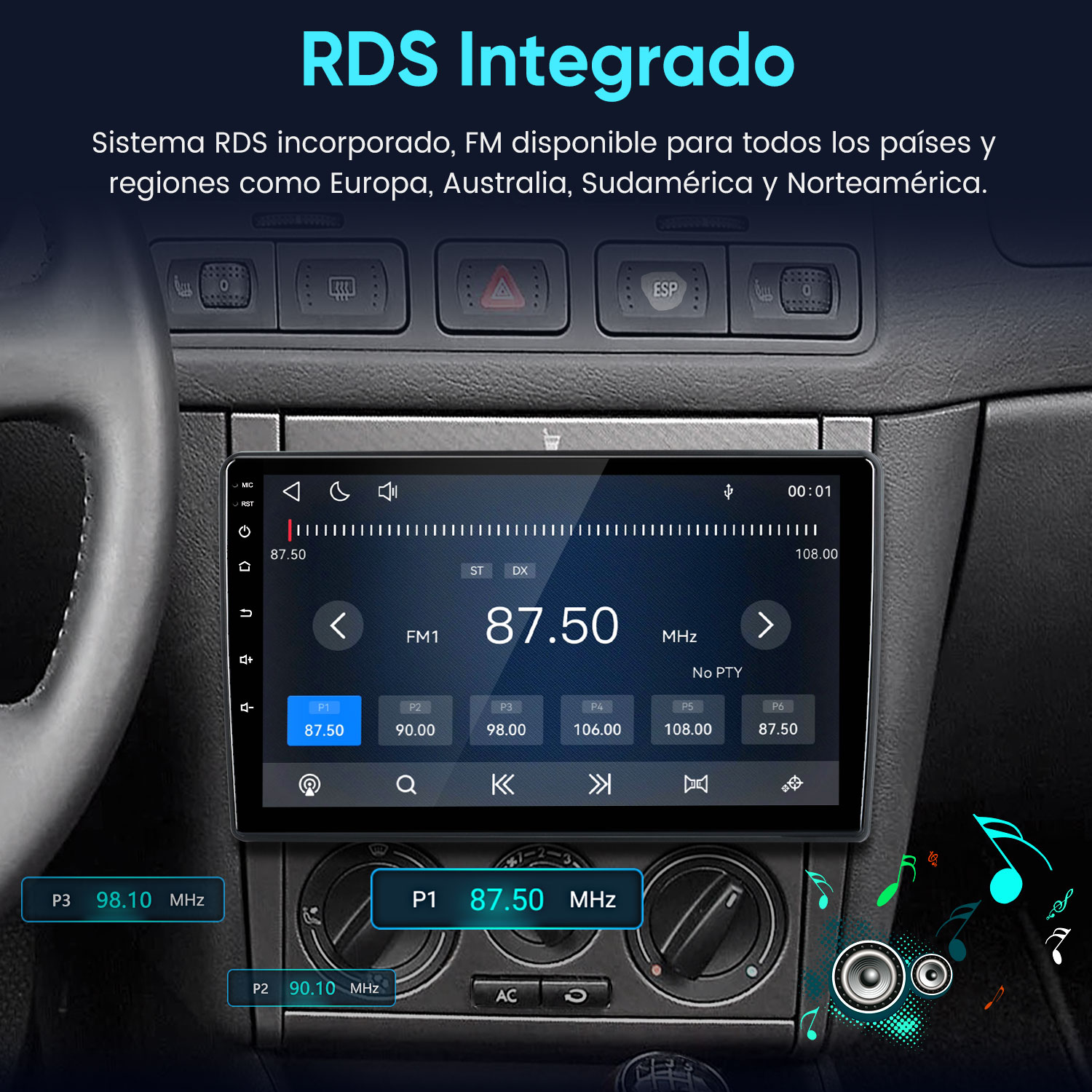 Pantalla de radio de coche muestra info RDS y emisoras FM. Se ven preajustes.