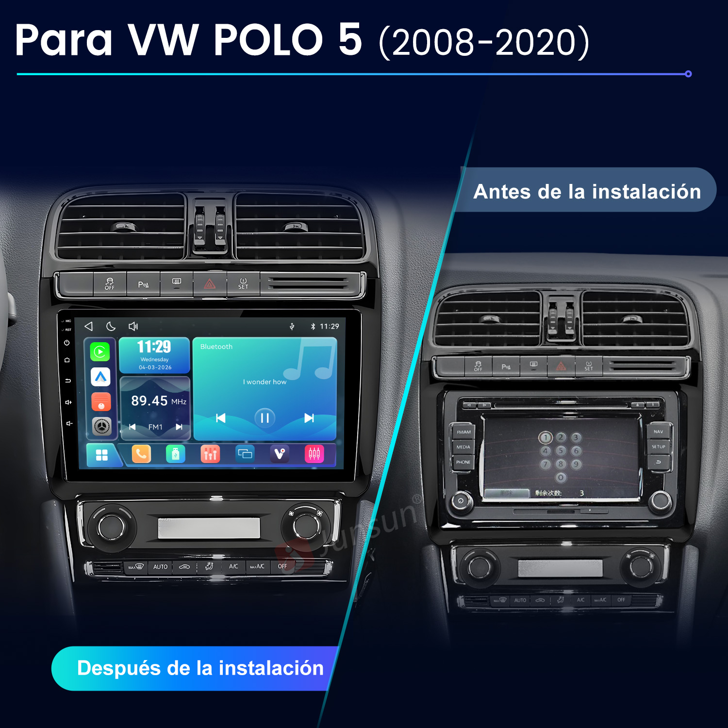 Comparación del salpicadero de un VW Polo 5 antes y después de instalar un nuevo sistema de infoentretenimiento.