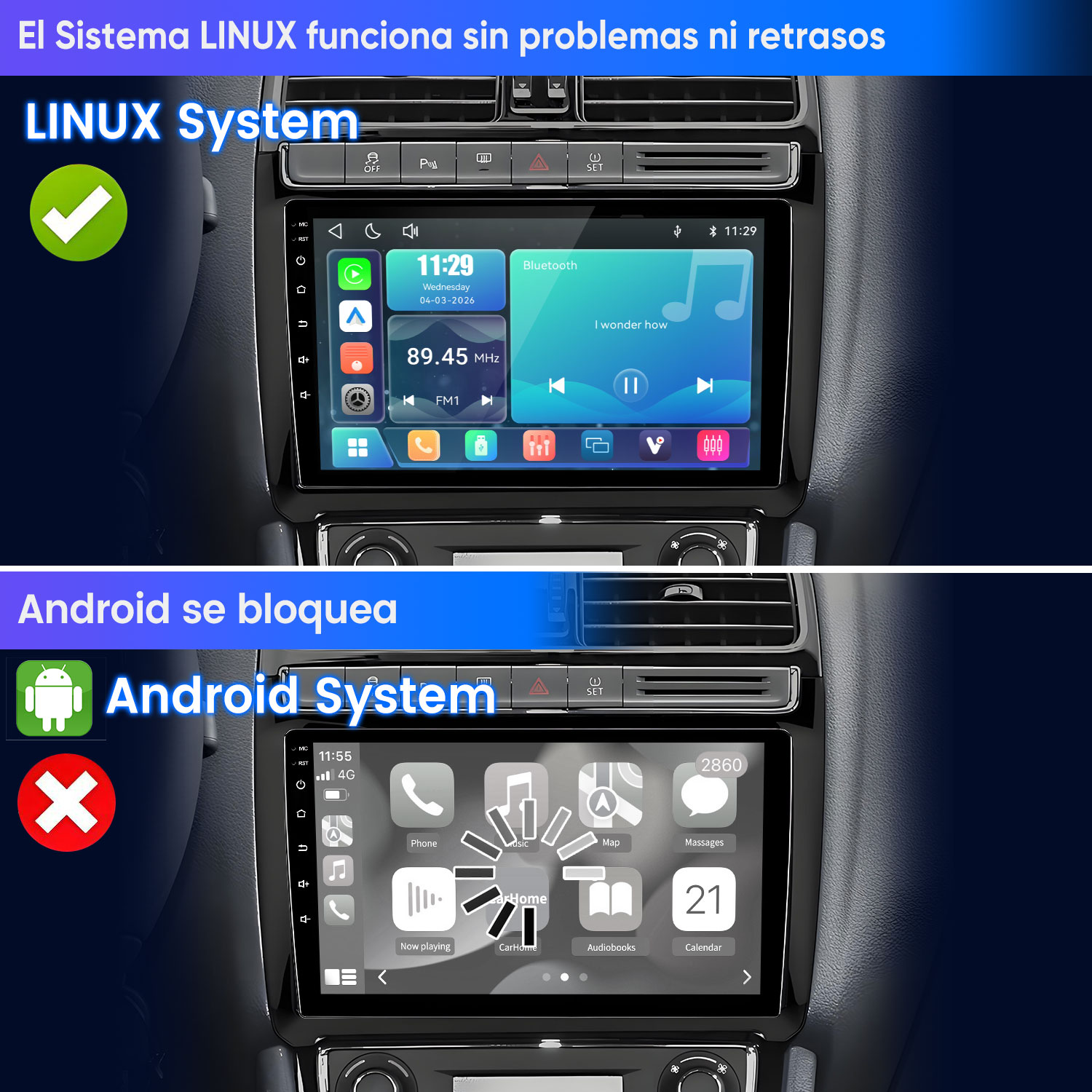 Arriba: Sistema Linux con marca de verificación. Abajo: Sistema Android con cruz.