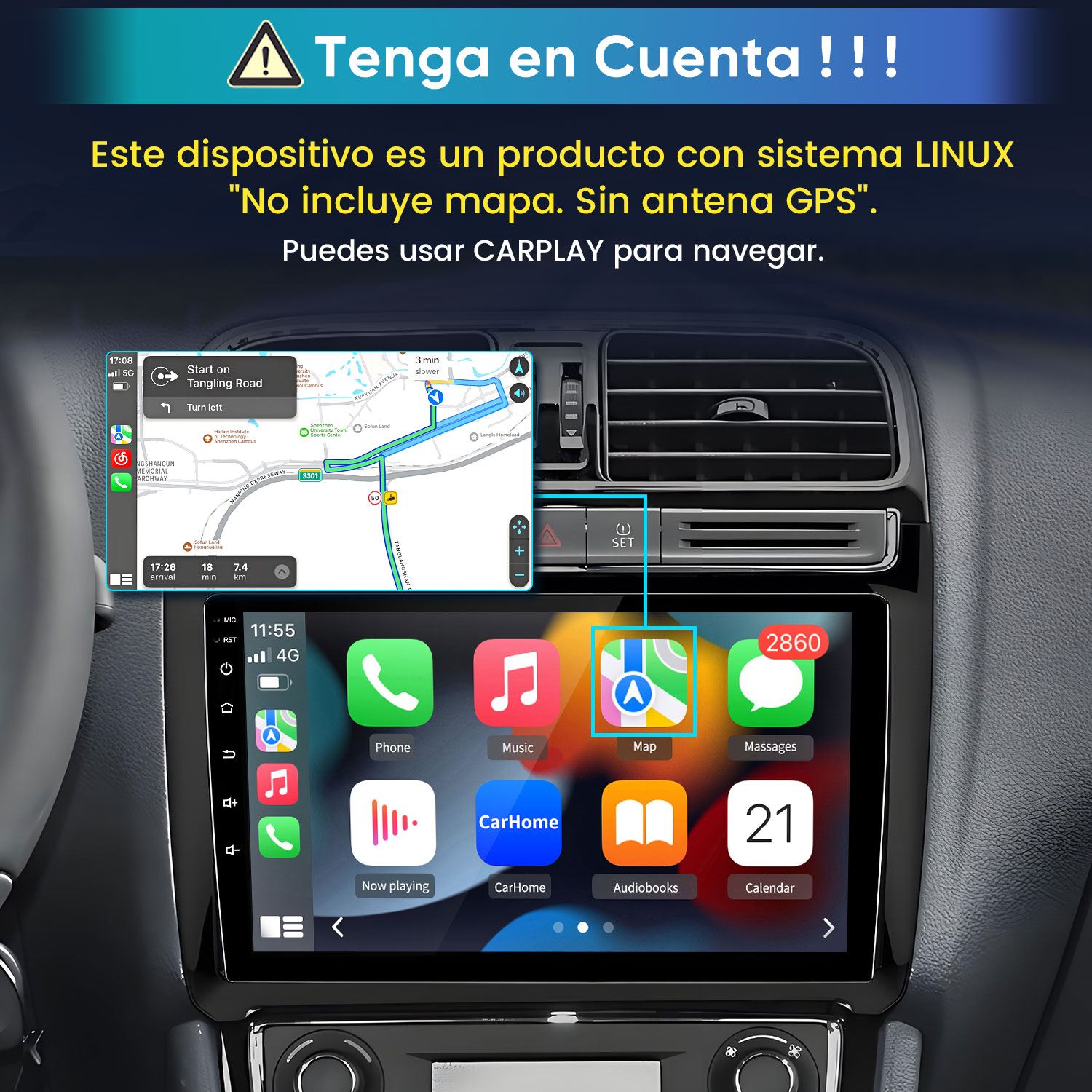 Sistema de infoentretenimiento de coche con navegación e iconos de apps como Teléfono, Música, Mapa.