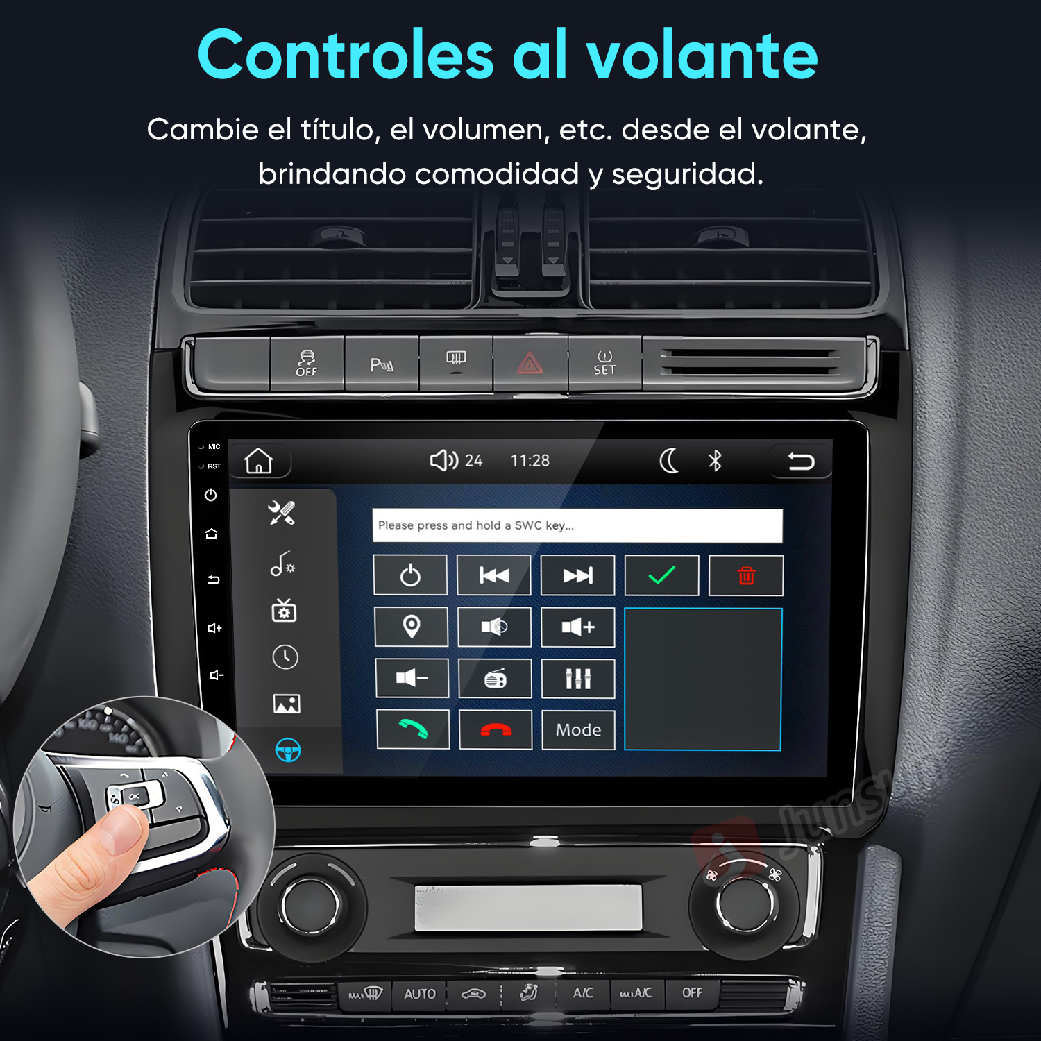 Salpicadero de coche con pantalla táctil que muestra la configuración de control del volante. Un dedo presiona un botón.