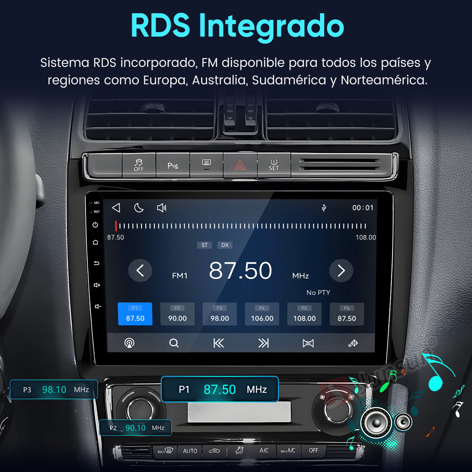 Pantalla de radio de coche muestra 87.50 MHz con botones preestablecidos.