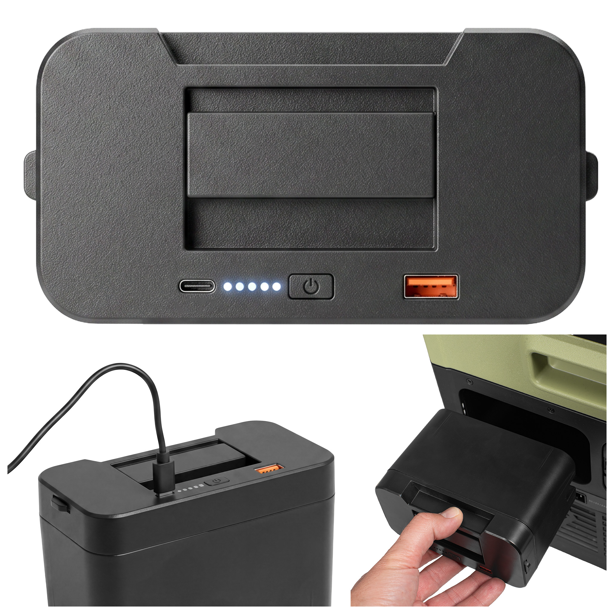 Czarny akumulator ze wskaźnikiem naładowania, USB-C, przyciskiem zasilania i pomarańczowym portem USB-A.