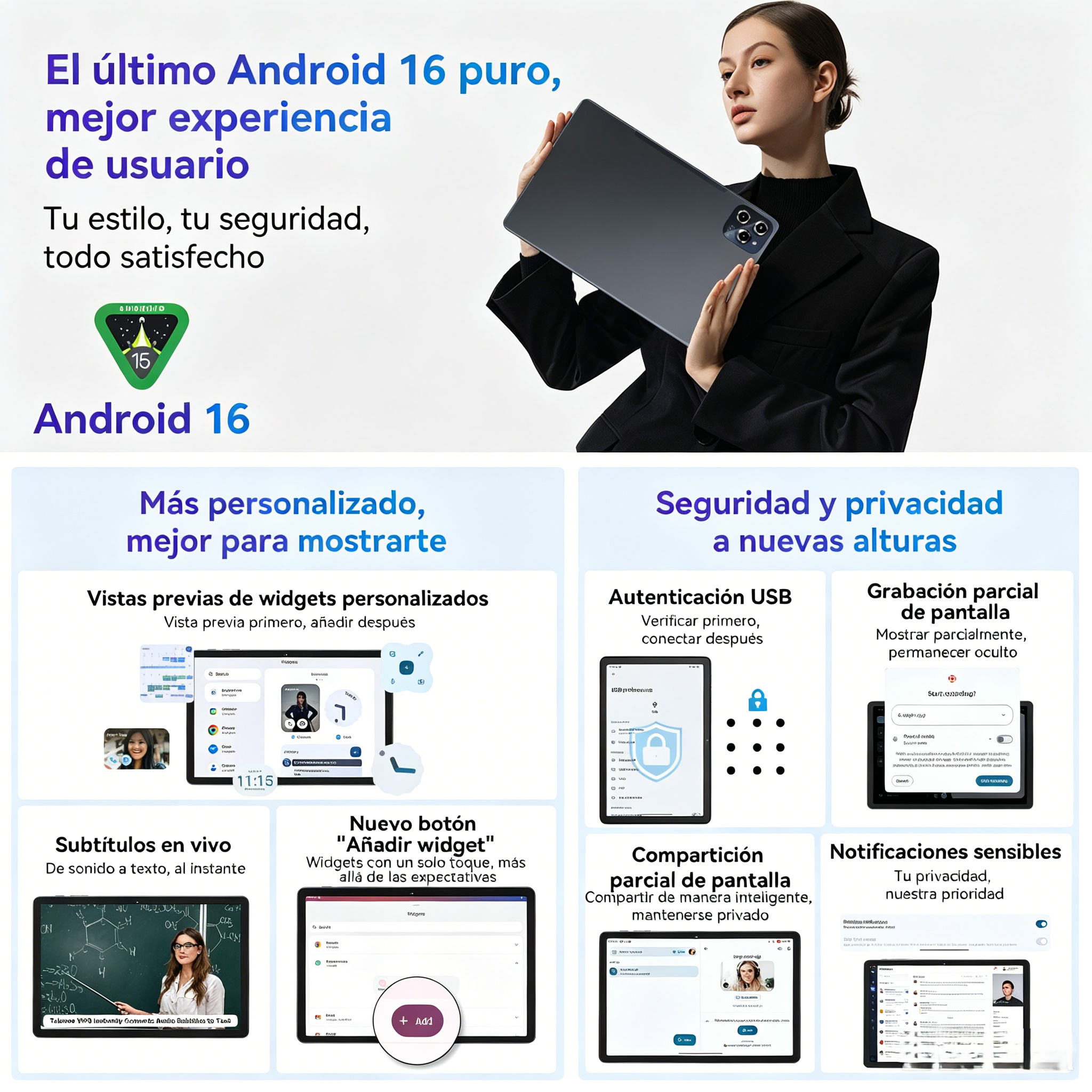 Mujer con tablet Android 16. Capturas de pantalla: widgets, autenticación USB, grabación de pantalla, subtítulos y uso compartido.