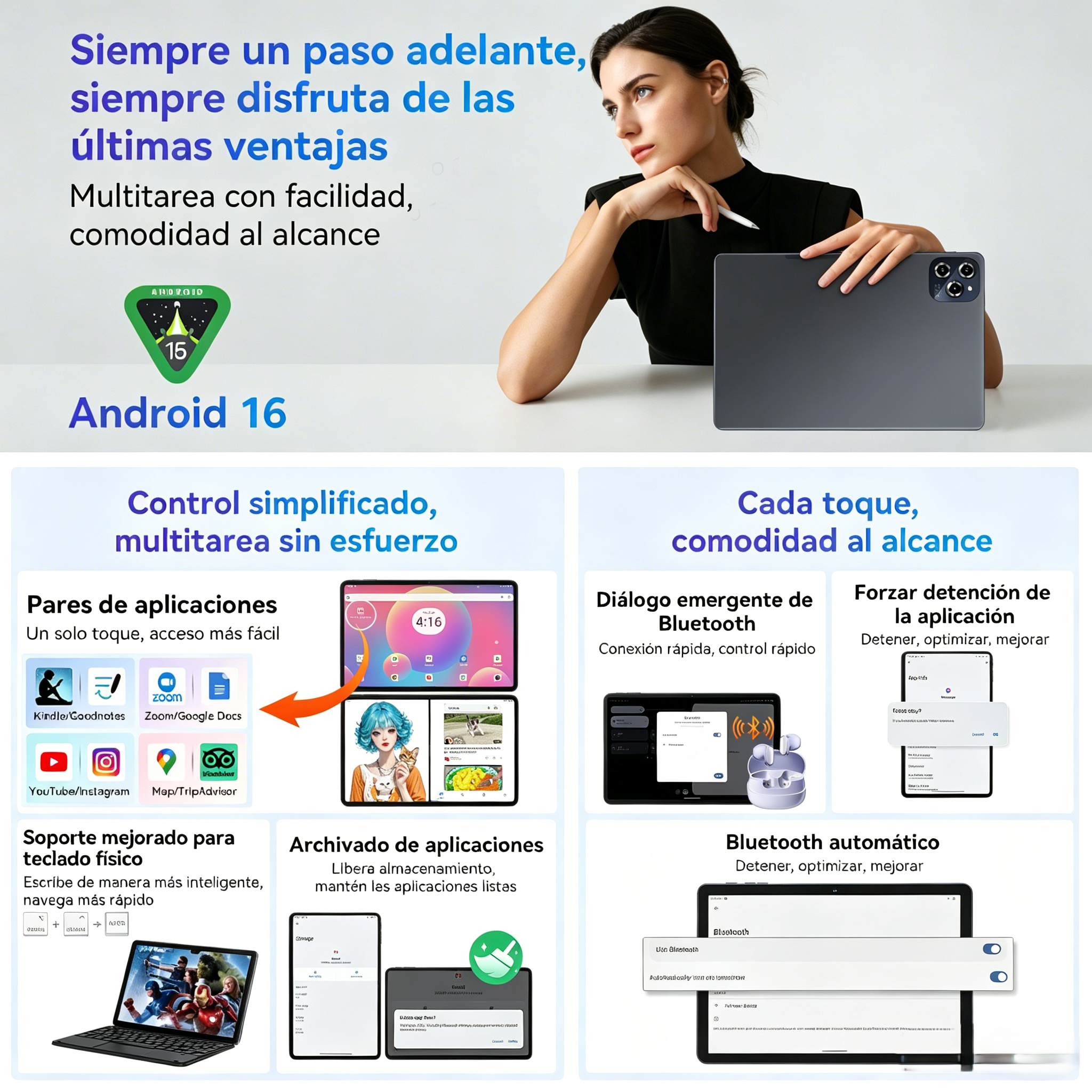 Una tableta con iconos de Android 16, aplicaciones y teclado. Una mujer piensa.