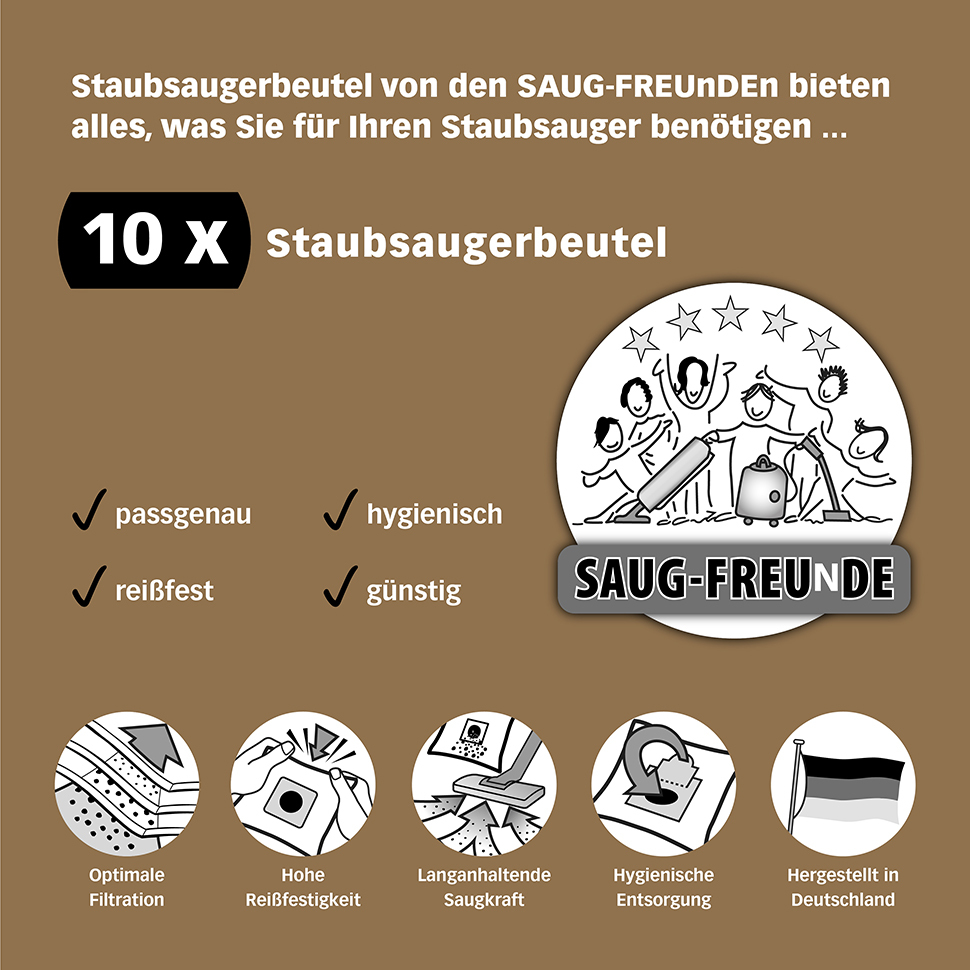 10 SAUG-FREUNDE Staubsaugerbeutel: passgenau, hygienisch, reißfest, günstig.