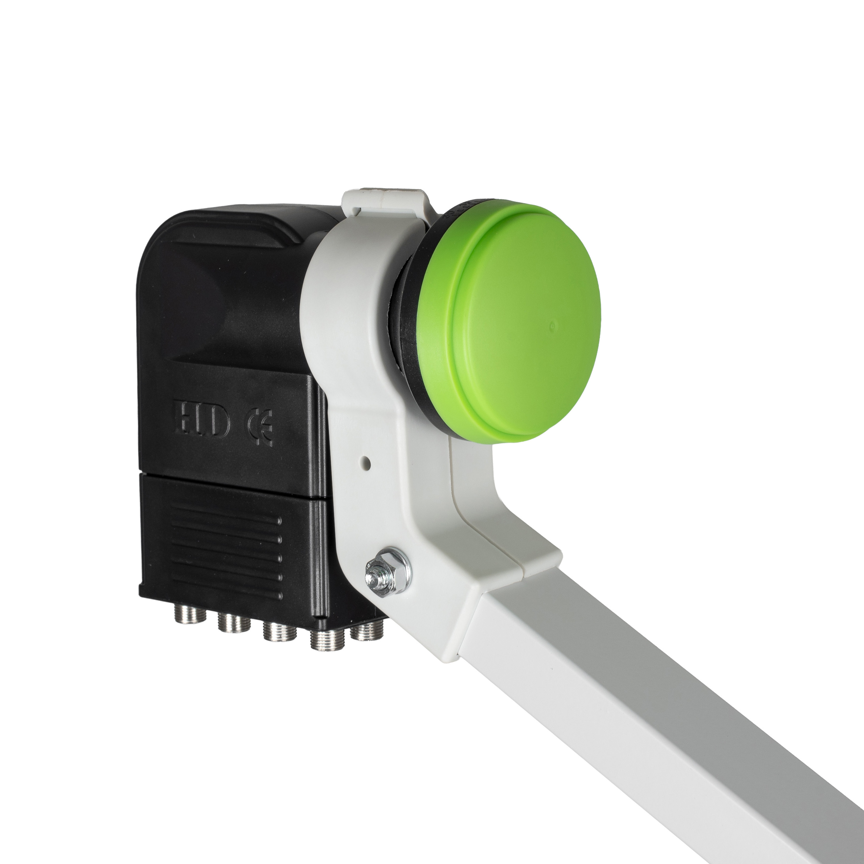 Ein schwarzer LNB mit grünem Schutzkappe und grauer Halterung.