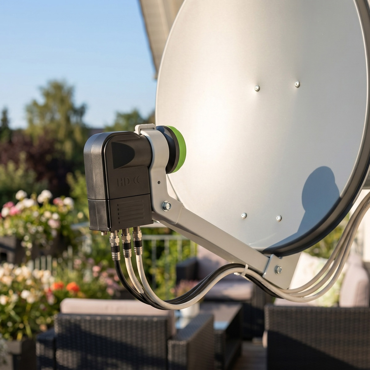 Eine Satellitenschüssel mit Kabeln, im Freien auf einem Balkon mit Möbeln.