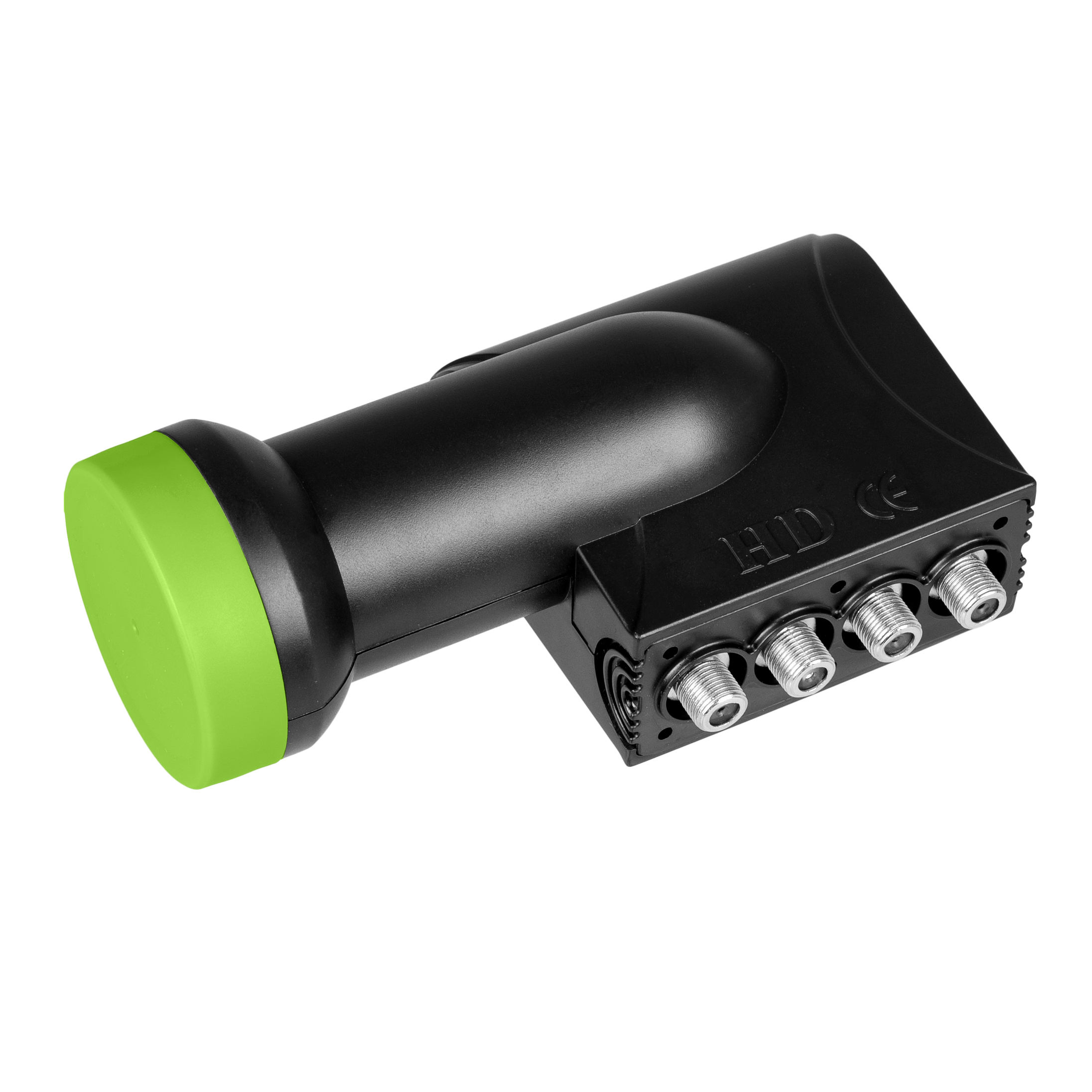 Schwarzer LNB mit grünem Deckel und vier Anschlüssen.