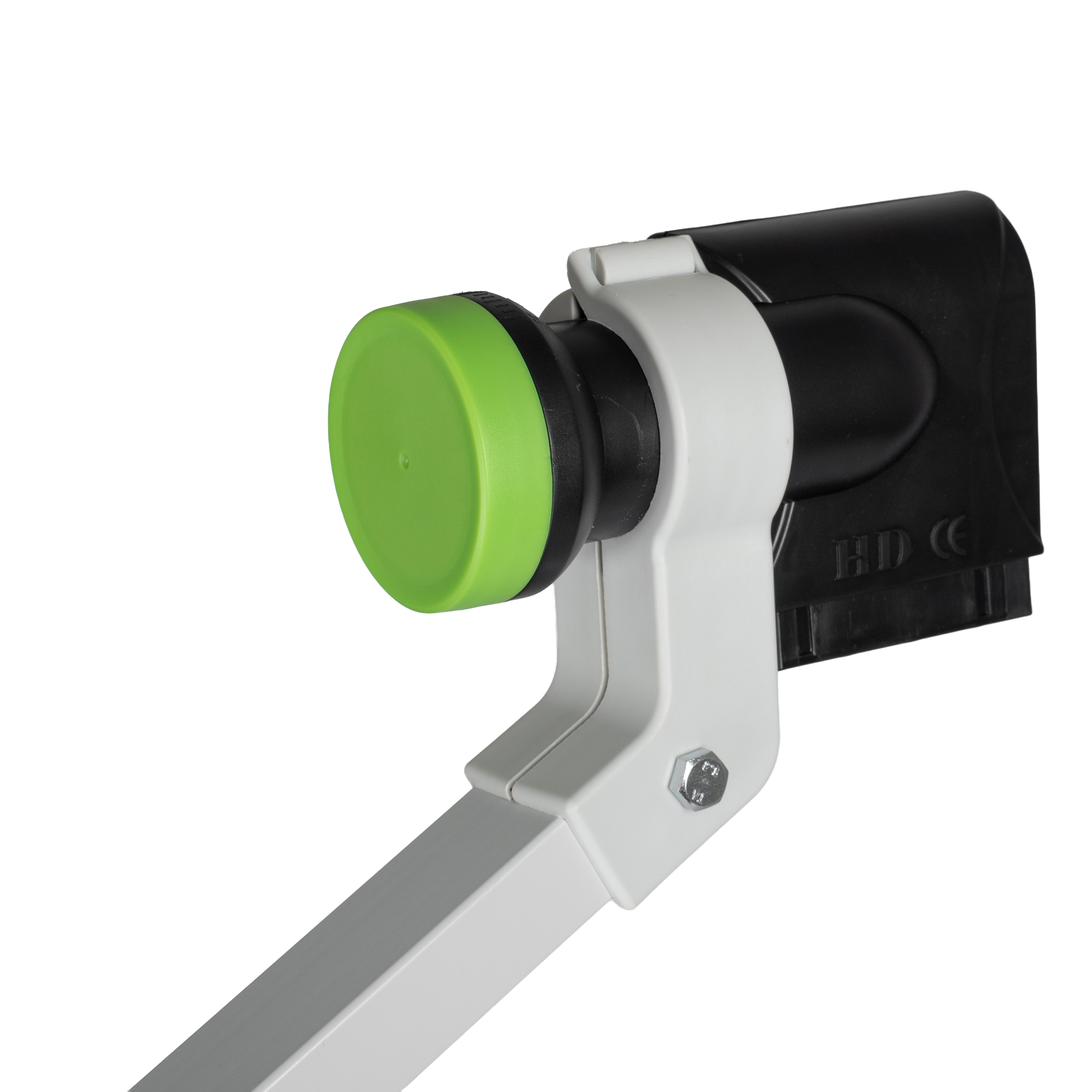 Ein LNB mit grünem Schutz und weißem Arm auf weißem Hintergrund.