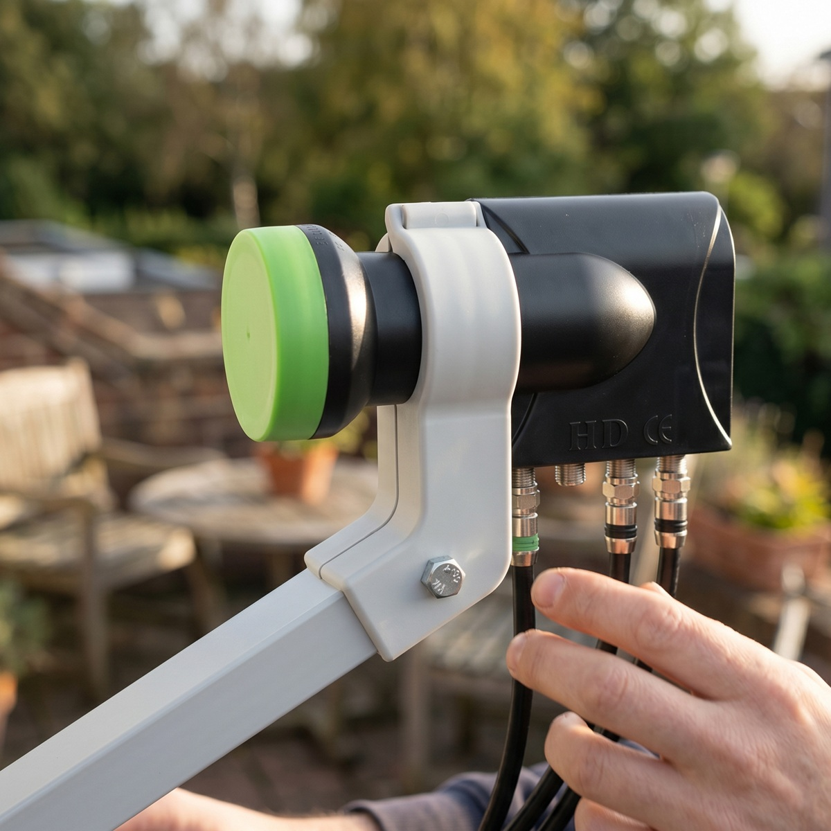 Ein Mann montiert einen LNB-Kopf mit drei Kabeln an einer Satellitenschüssel im Garten.